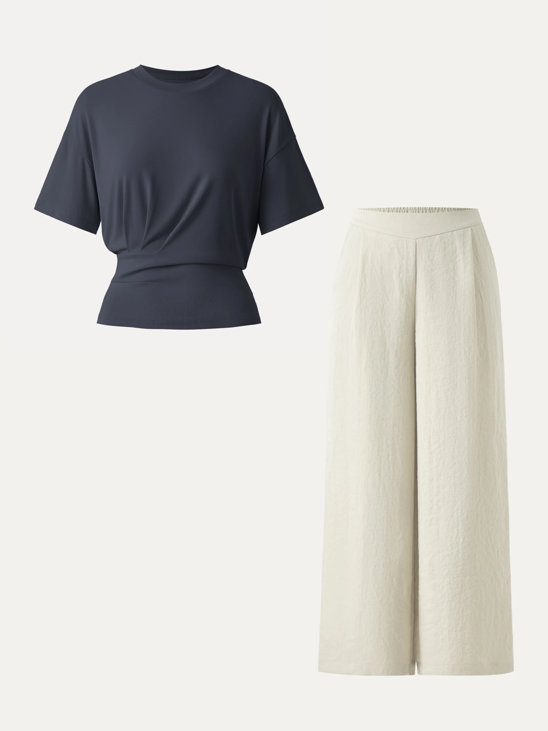 2Pcs Set Sandwashed Crewneck Short Sleeve Tee & Linen Mid Rise Wide Leg Pant with Pockets - Image 5