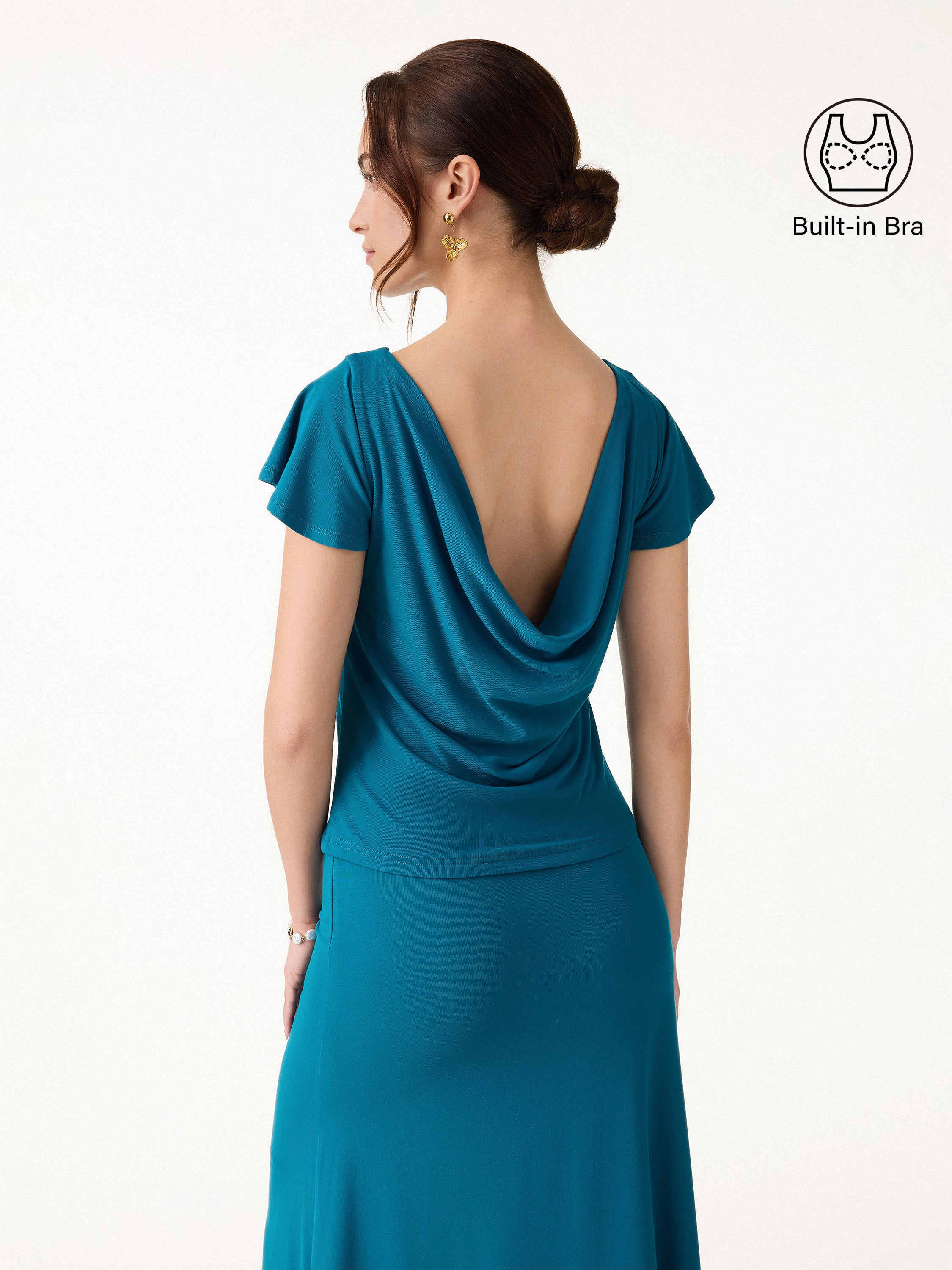 2Pcs Set SkinKiss Cowl Back Flutter Sleeve Bra Top & Pull-on Midi Skirt - Image 5