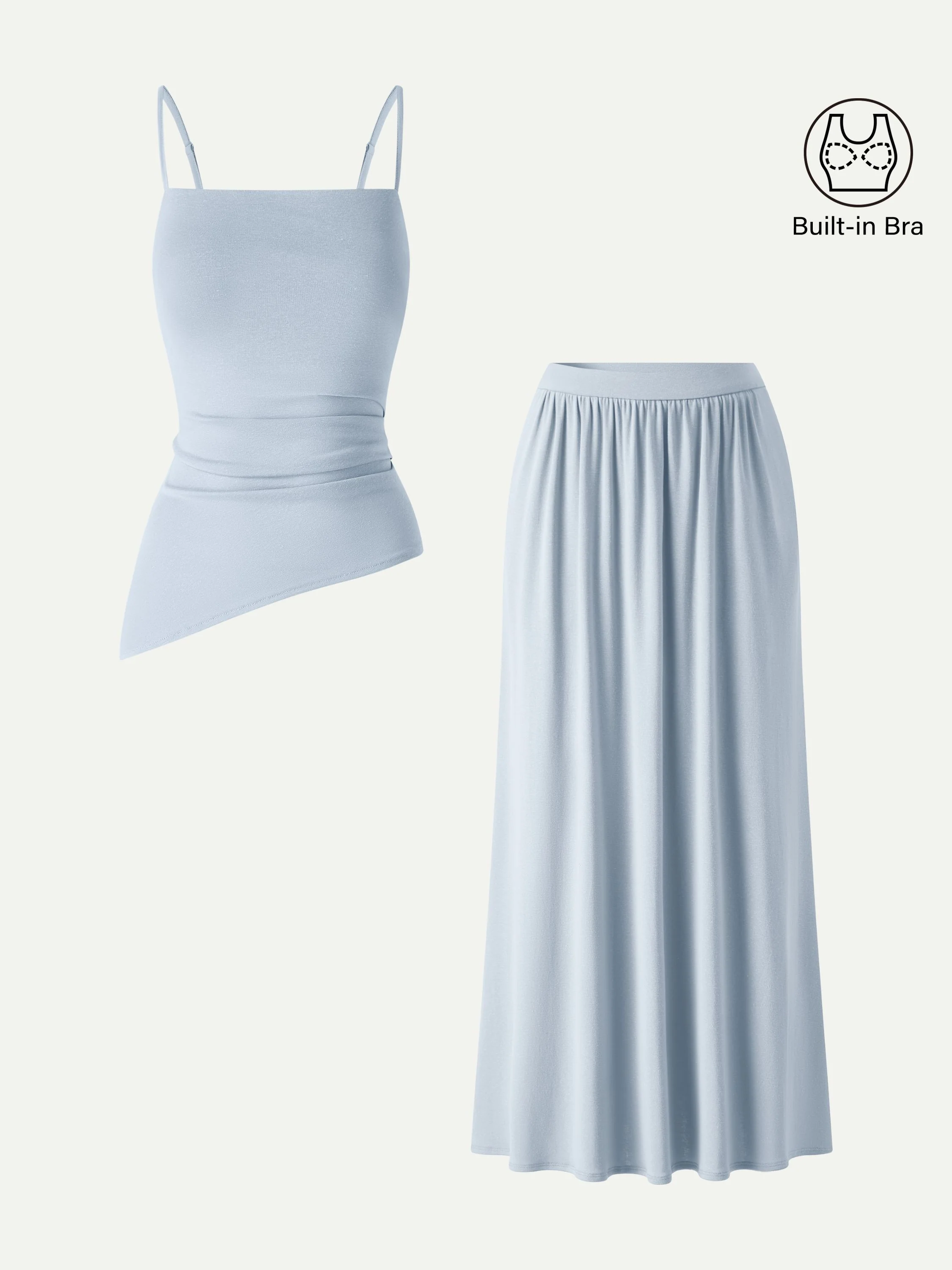 2Pcs Set Spaghetti Bra Top with Side Slit & A-Line Maxi Skirt with Pockets - Image 13