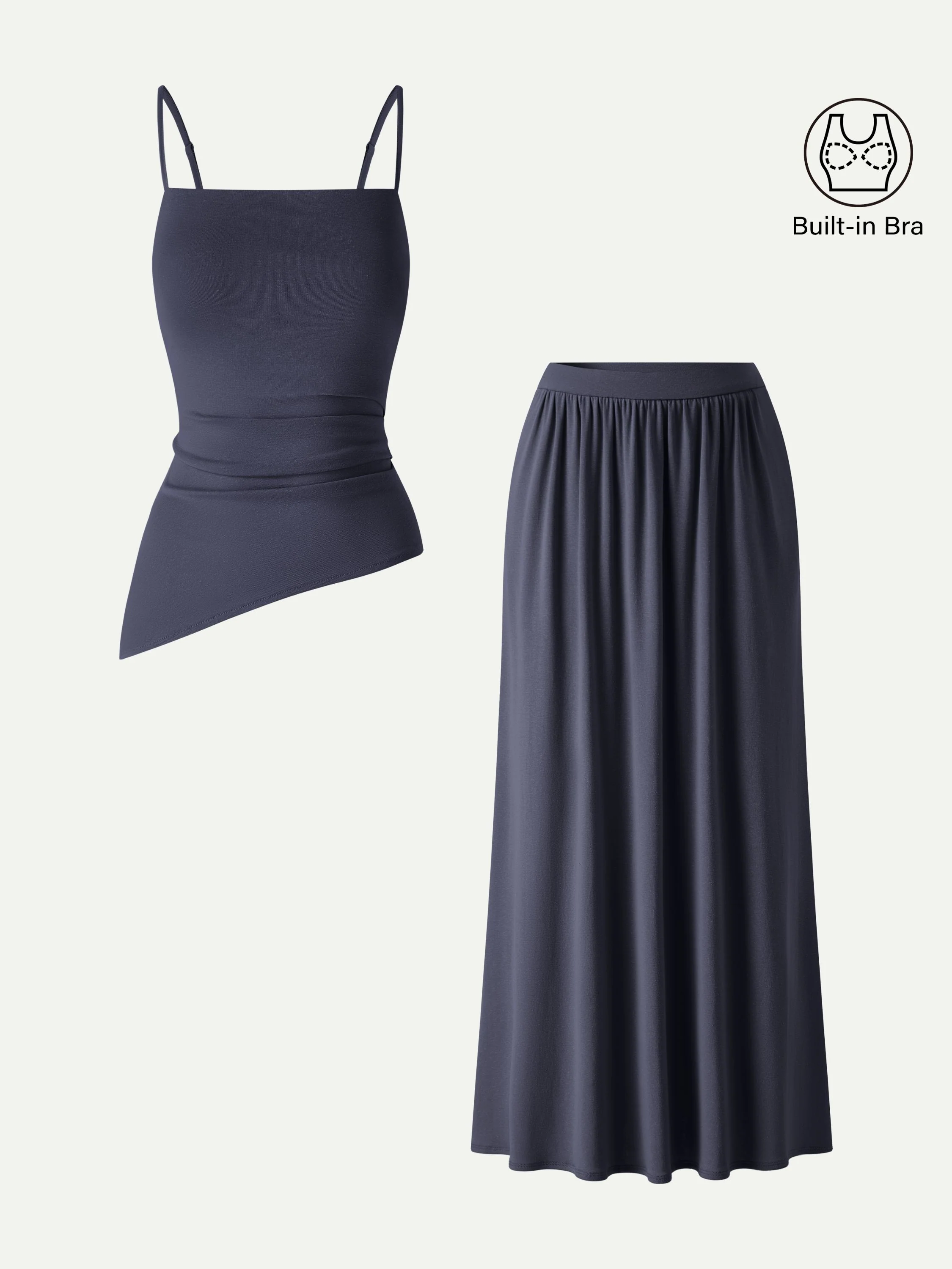 2Pcs Set Spaghetti Bra Top with Side Slit & A-Line Maxi Skirt with Pockets - Image 14