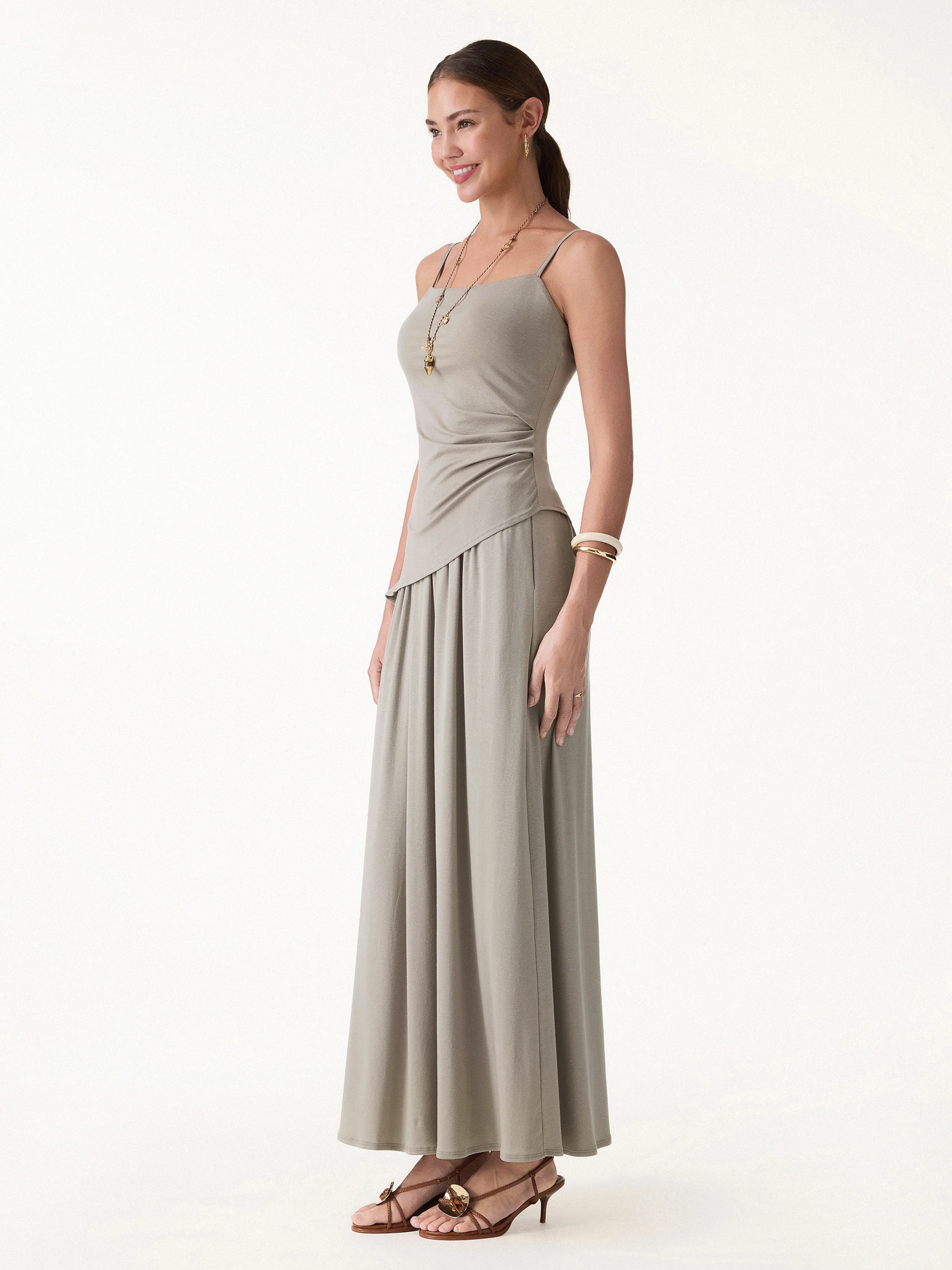 2Pcs Set Spaghetti Bra Top with Side Slit & A-Line Maxi Skirt with Pockets - Image 3