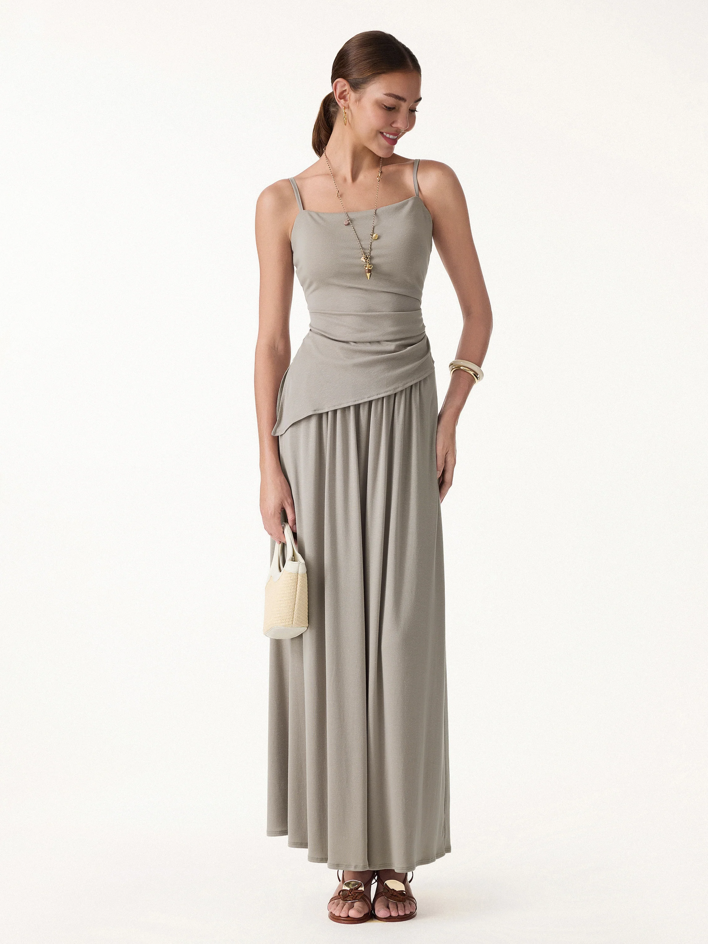 2Pcs Set Spaghetti Bra Top with Side Slit & A-Line Maxi Skirt with Pockets - Image 4