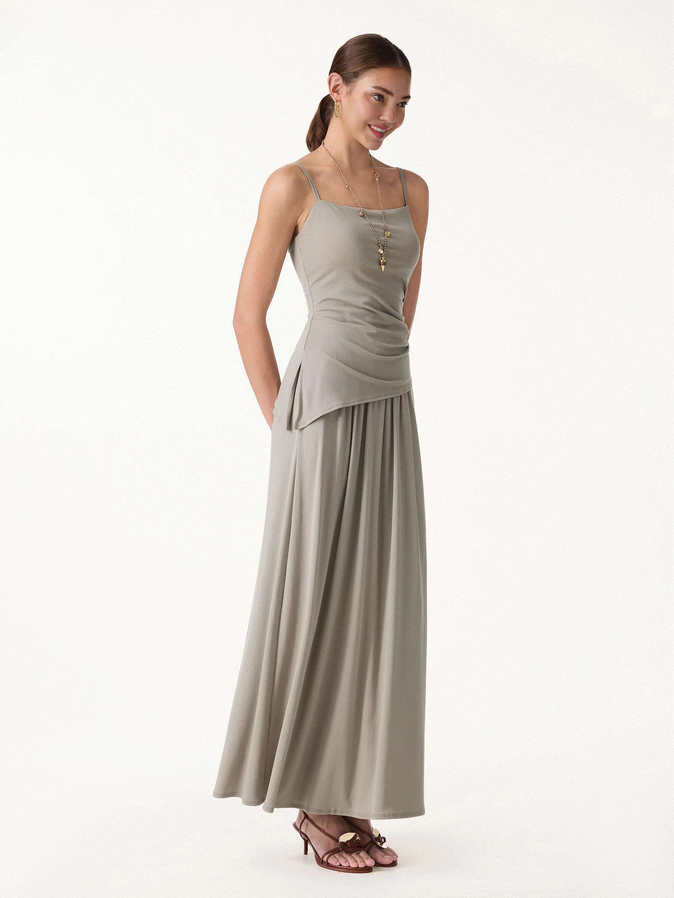 2Pcs Set Spaghetti Bra Top with Side Slit & A-Line Maxi Skirt with Pockets - Image 5