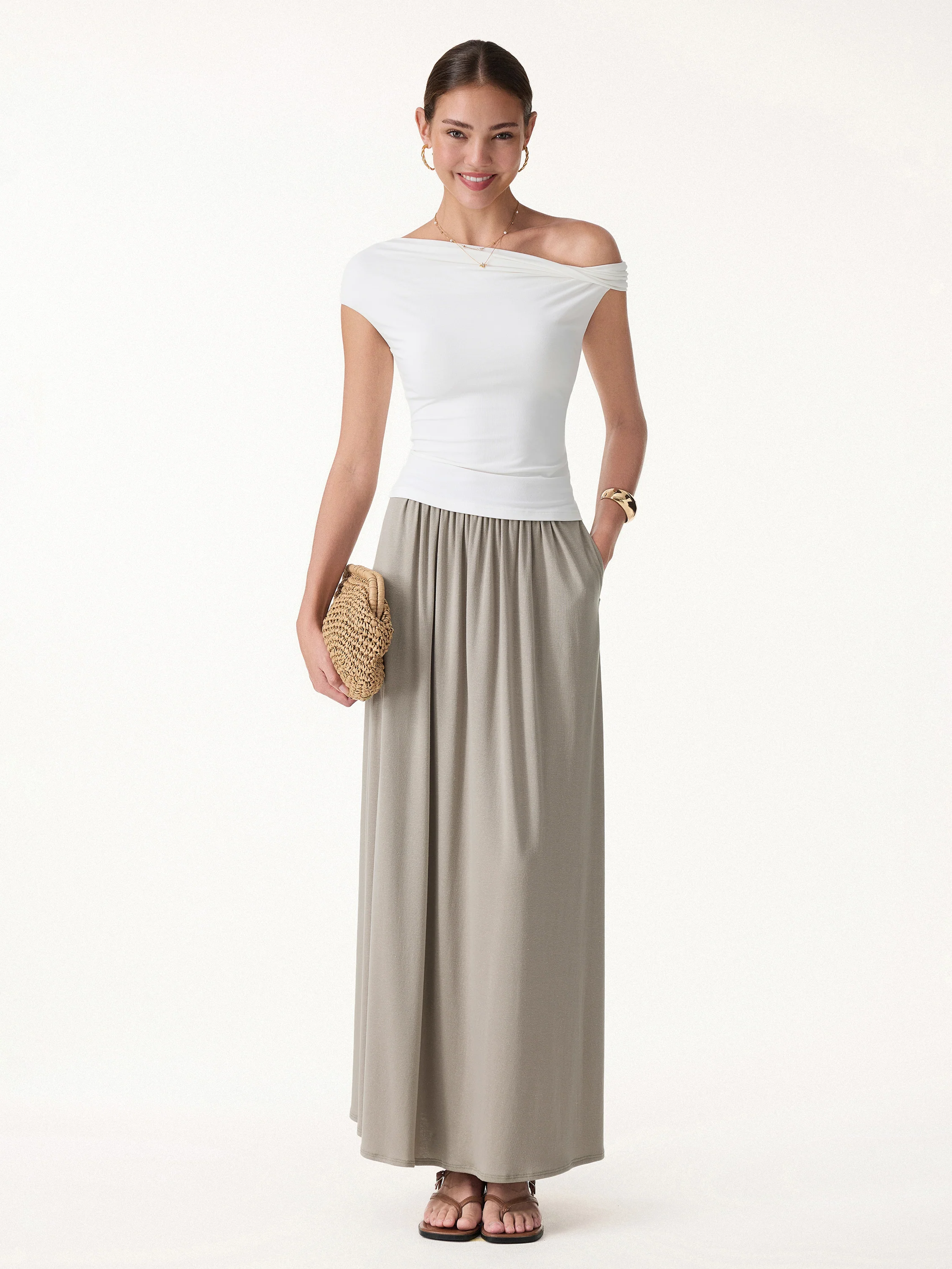 2Pcs Set Spaghetti Bra Top with Side Slit & A-Line Maxi Skirt with Pockets - Image 6