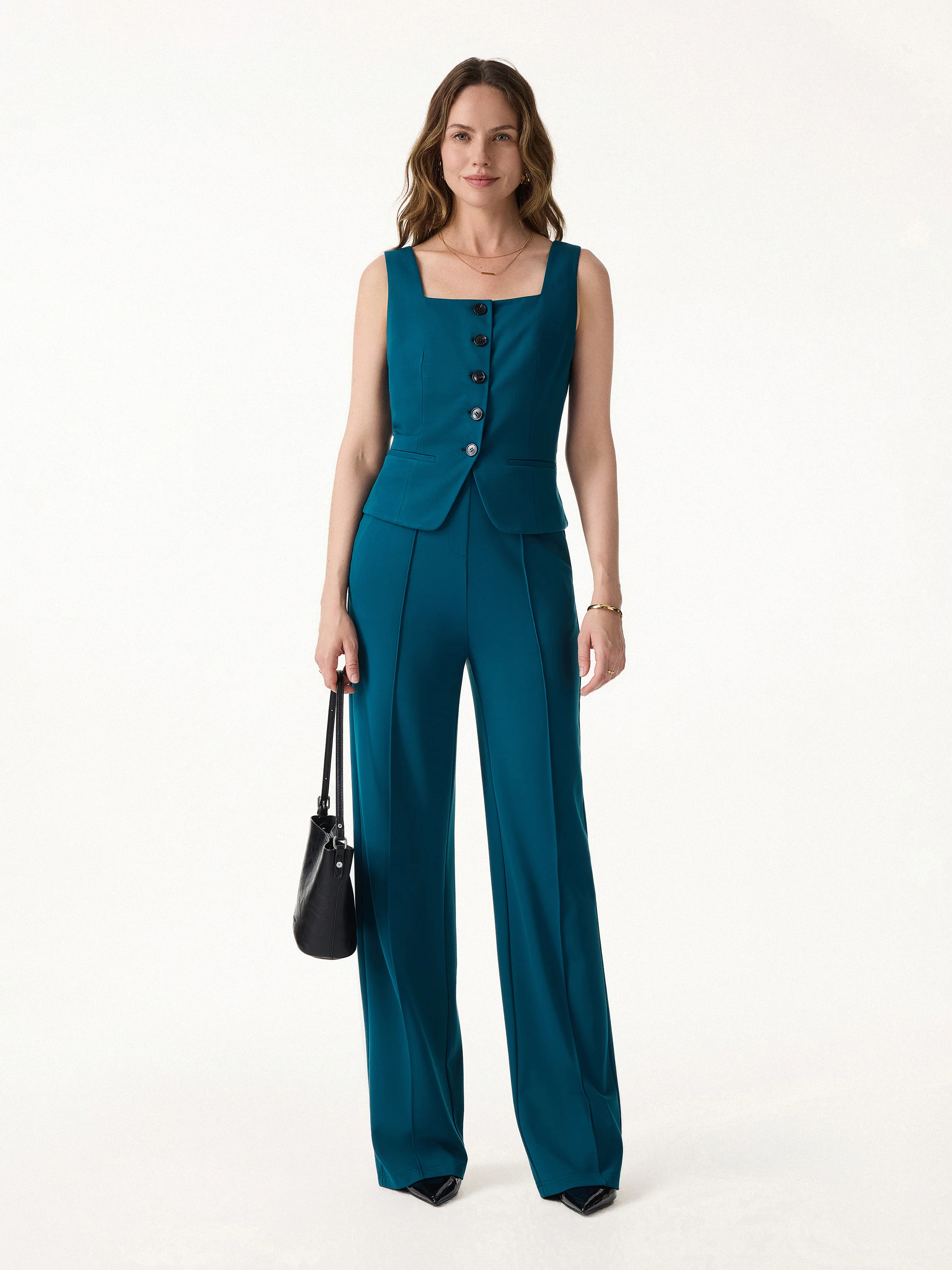2Pcs Set Square Neck Waistcoat with Pockets & Wide Leg Ankled Pants