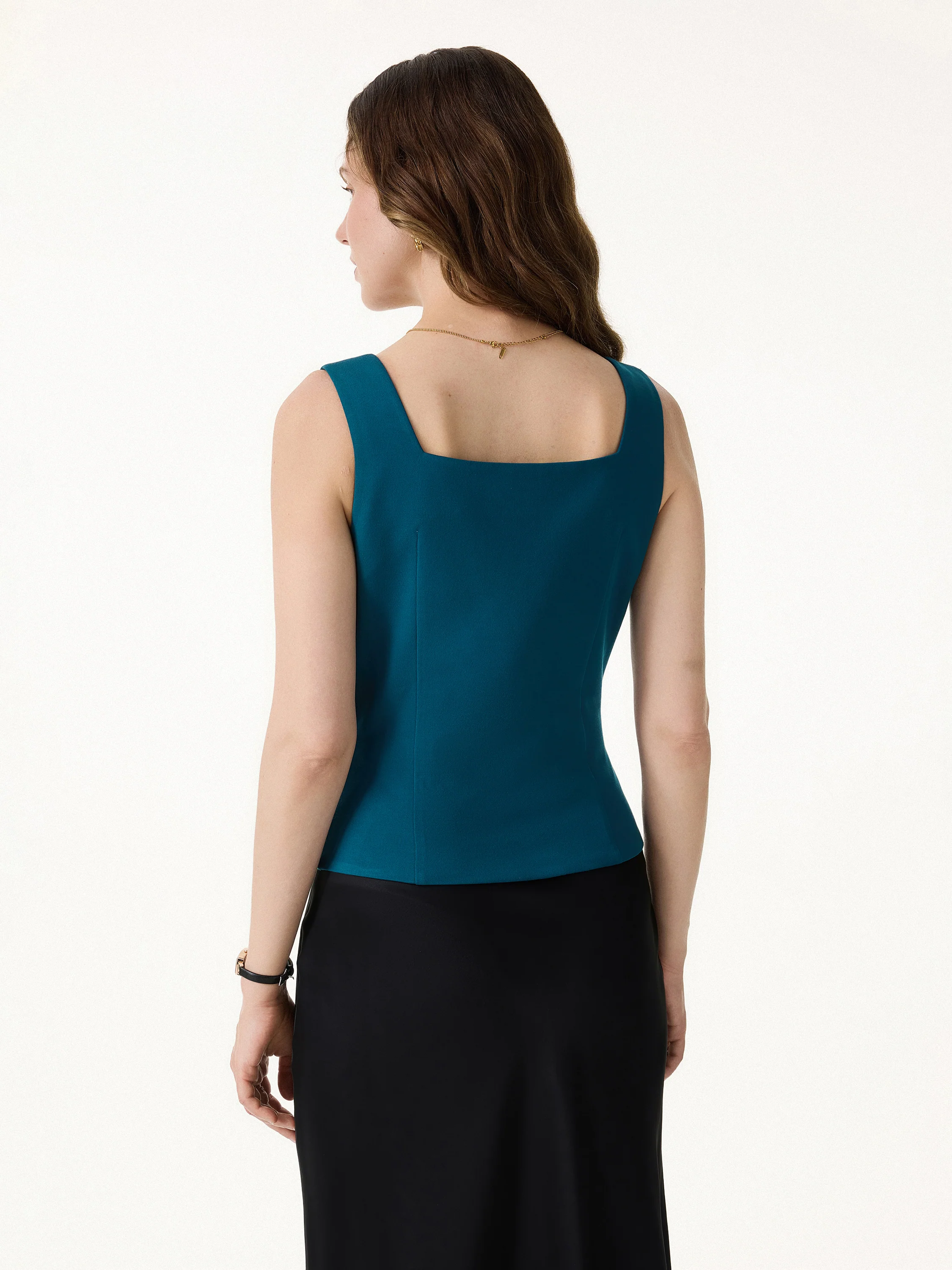 Stretch Ponte Square Neck Cropped Waistcoat with Pockets - Image 10