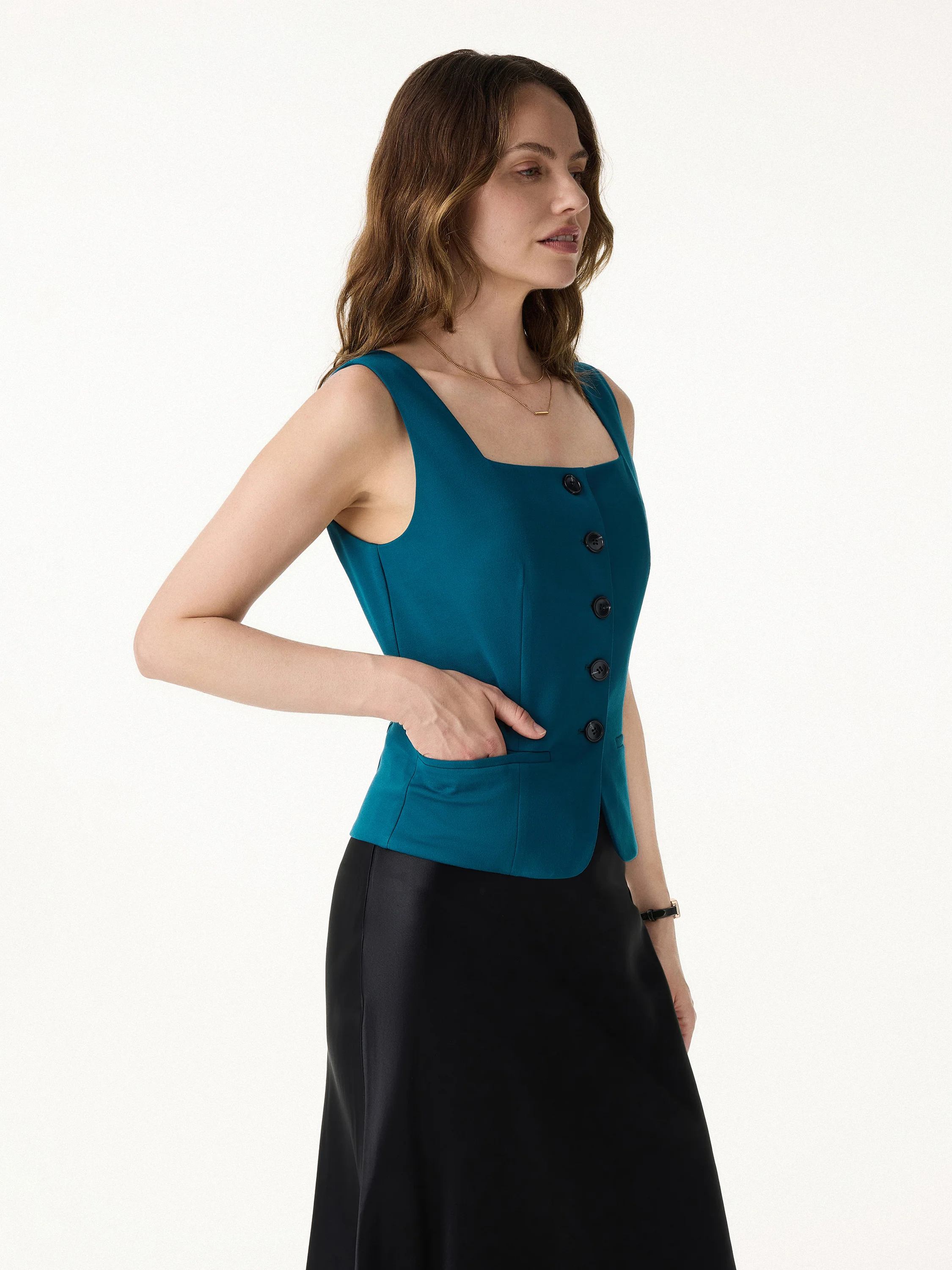 Stretch Ponte Square Neck Cropped Waistcoat with Pockets - Image 9