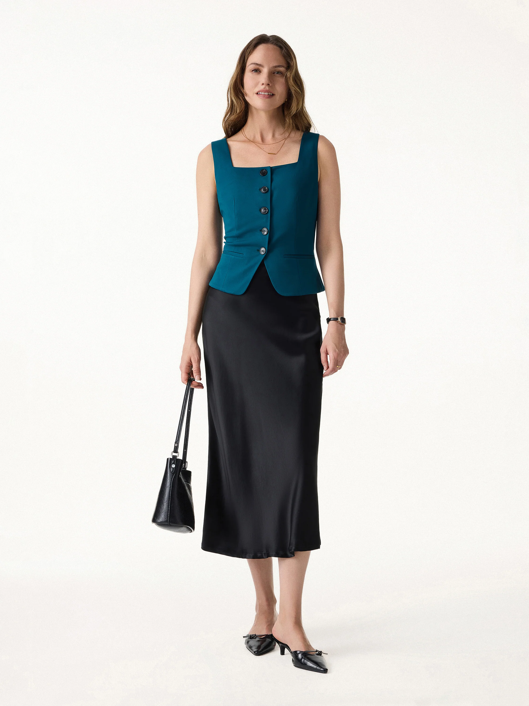 Stretch Ponte Square Neck Cropped Waistcoat with Pockets - Image 3