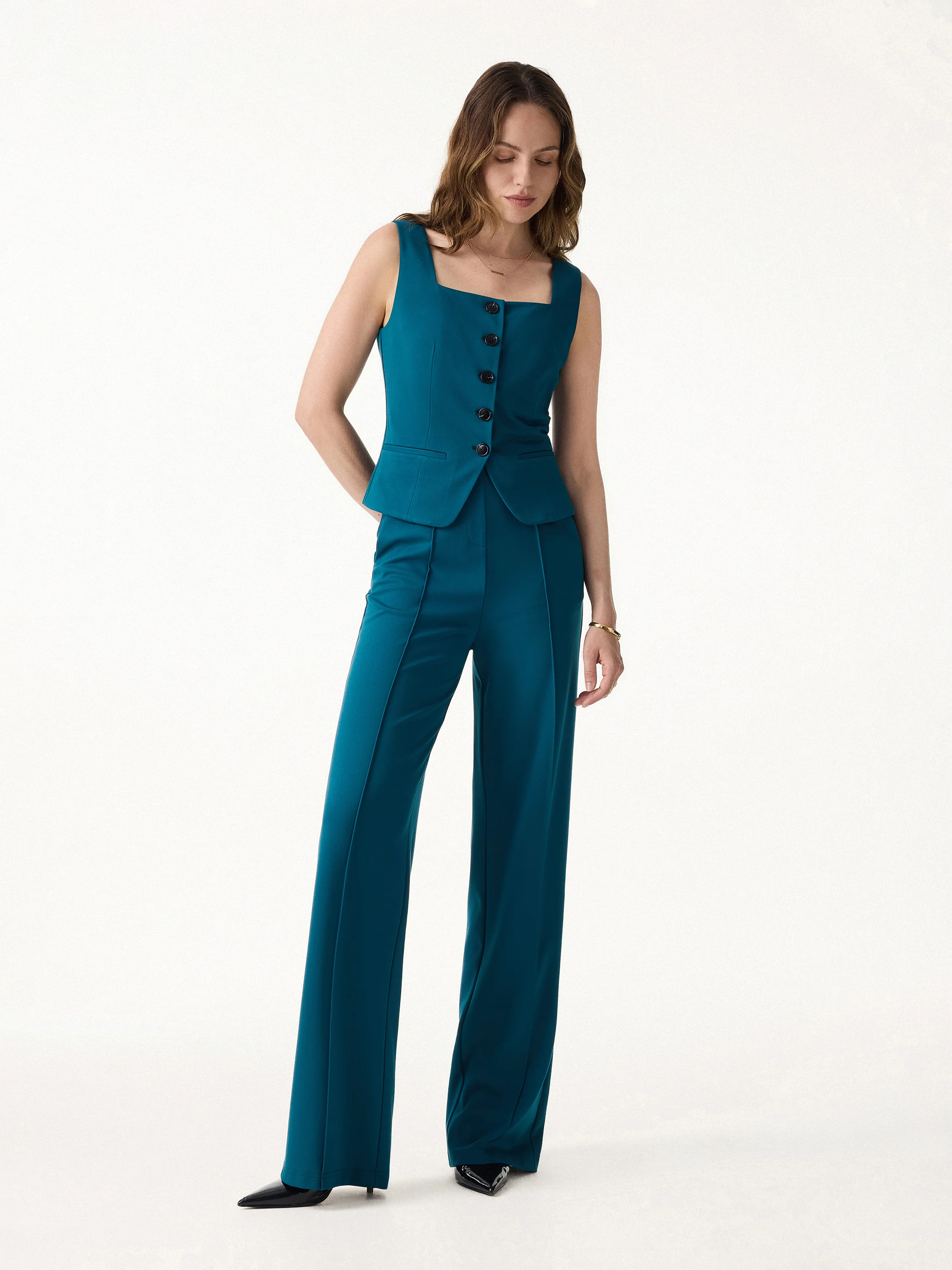 2Pcs Set Square Neck Waistcoat with Pockets & Wide Leg Ankled Pants - Image 2