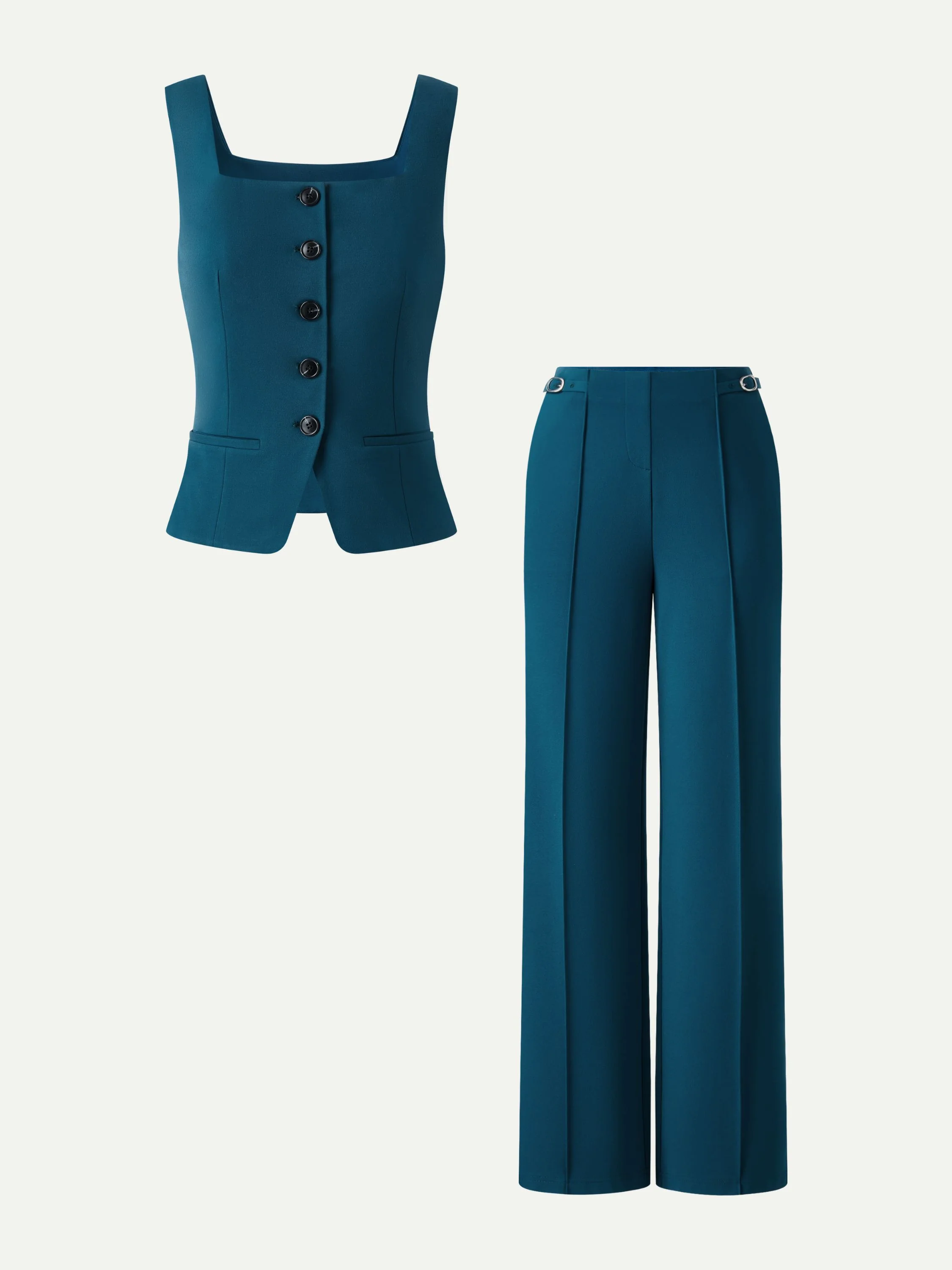 2Pcs Set Square Neck Waistcoat with Pockets & Wide Leg Ankled Pants - Image 5