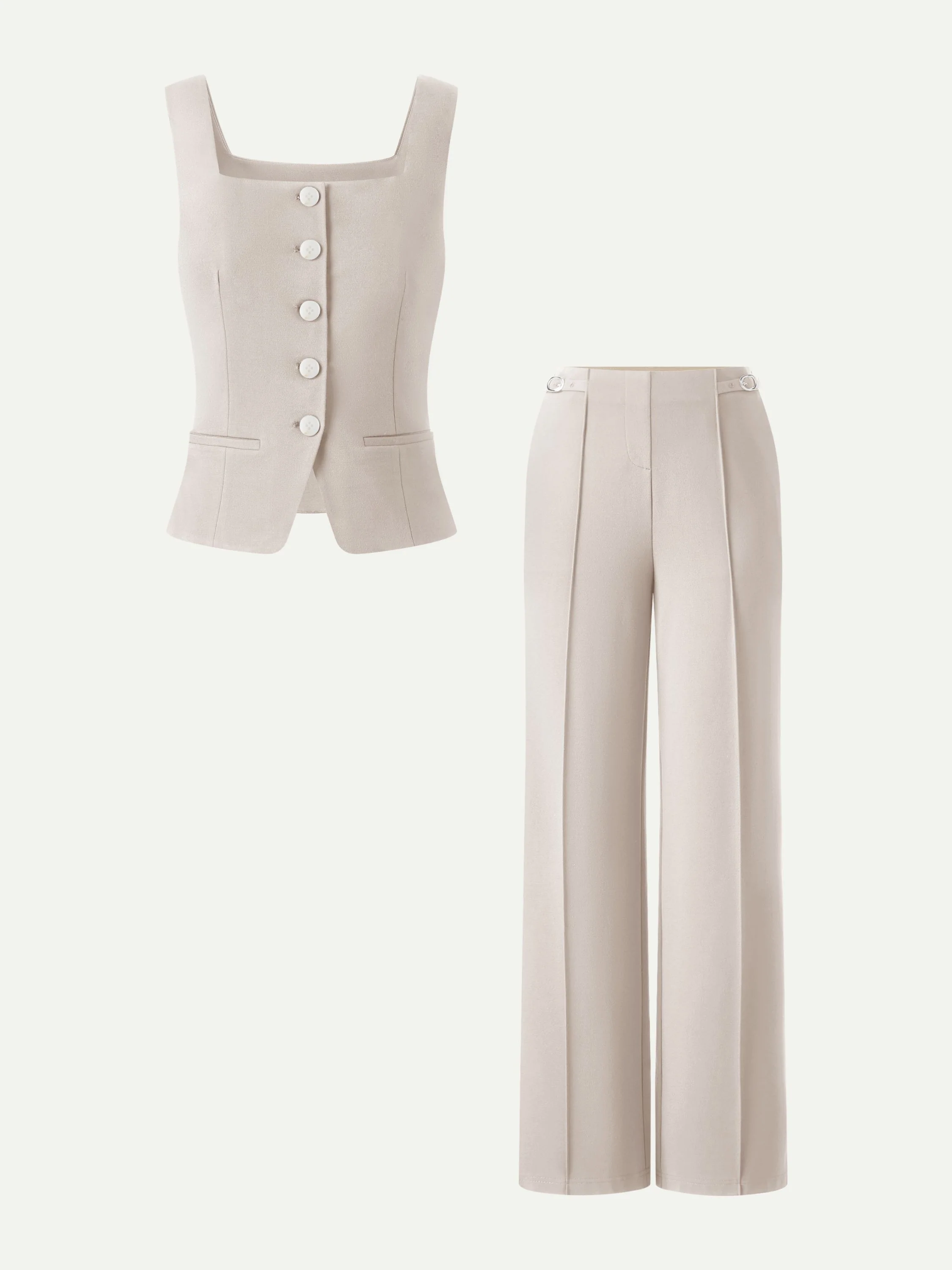 2Pcs Set Square Neck Waistcoat with Pockets & Wide Leg Ankled Pants - Image 6
