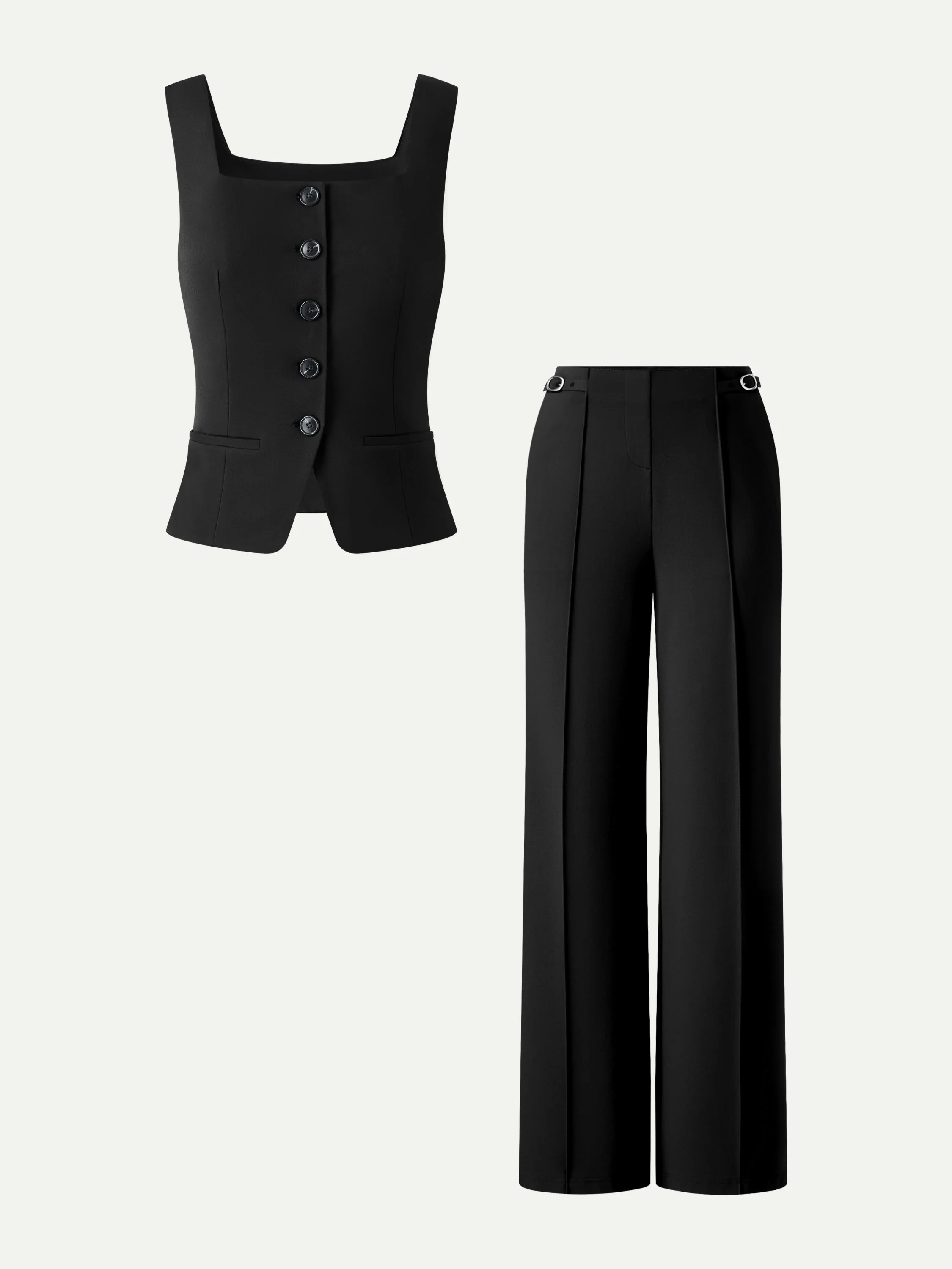 2Pcs Set Square Neck Waistcoat with Pockets & Wide Leg Ankled Pants - Image 8