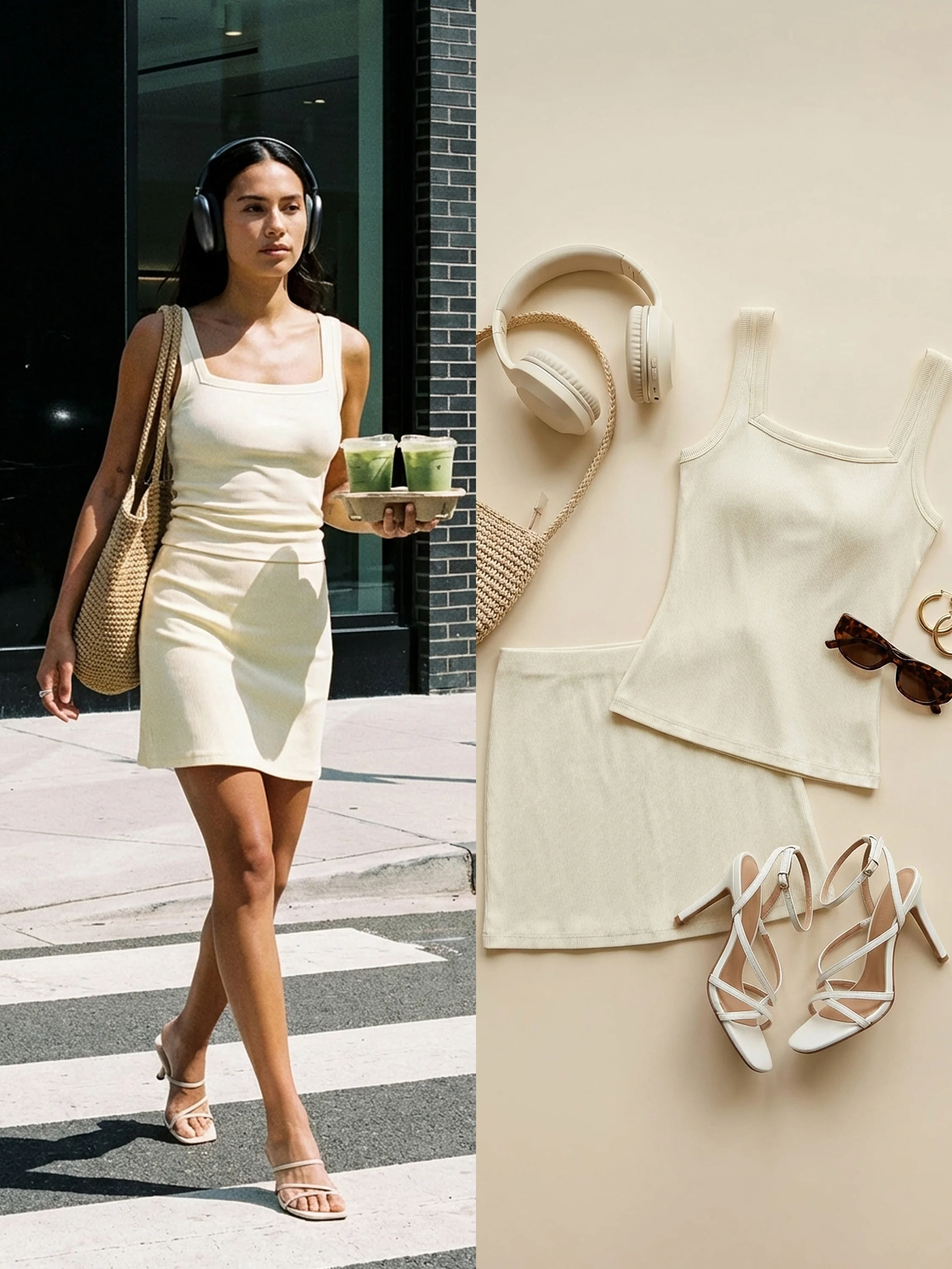 2Pcs Set Square Open-Back Bra Tank & A-line Mini Skirt with Built-in Shorts - Image 2