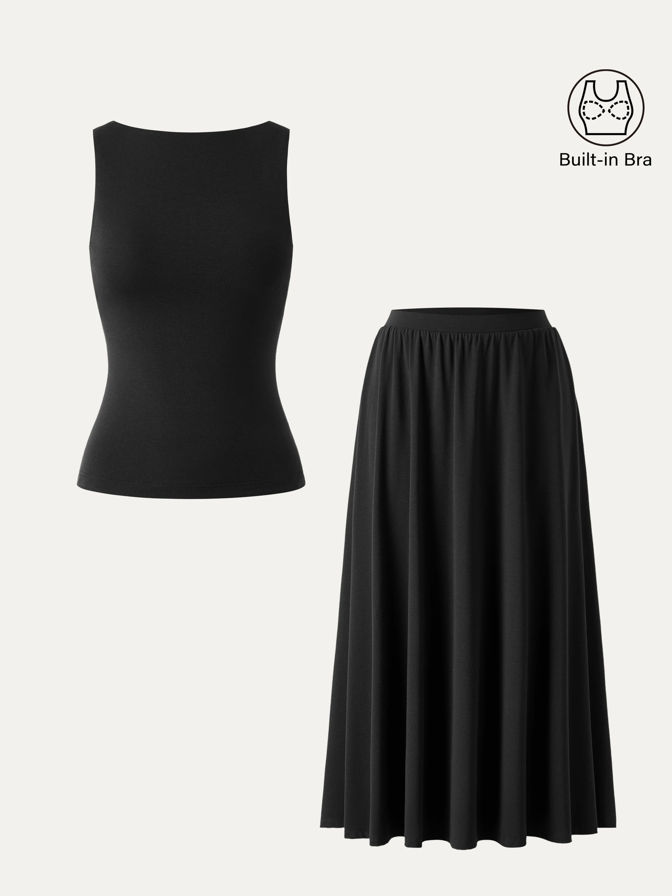 2Pcs Set Stretch Cotton Boatneck Bra Tank & Maxi Umbrella Skirt with Pockets - Image 11