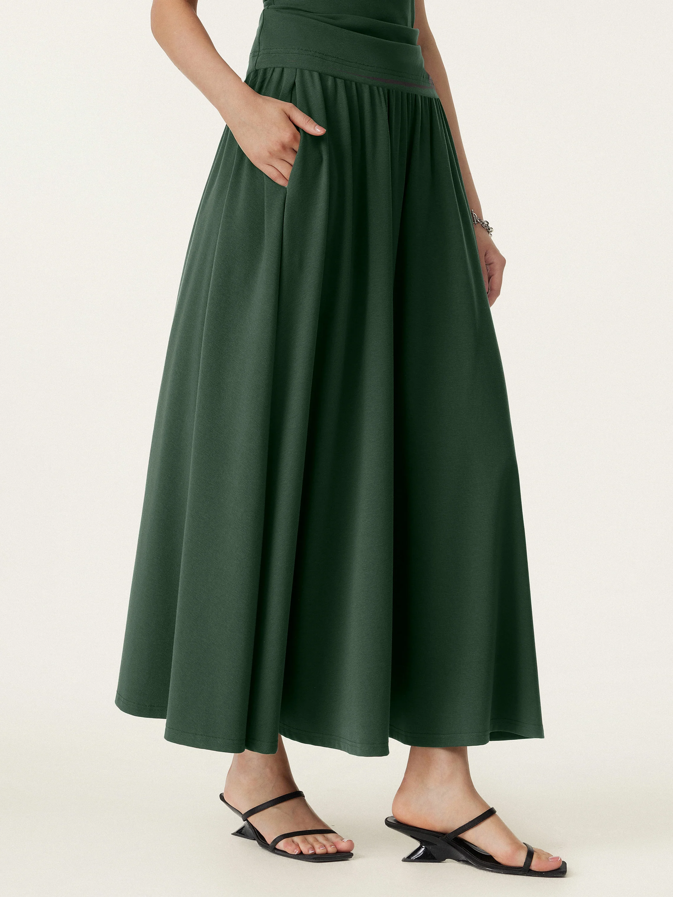 Stretch Cotton Maxi Umbrella Skirt with Pockets - Image 9