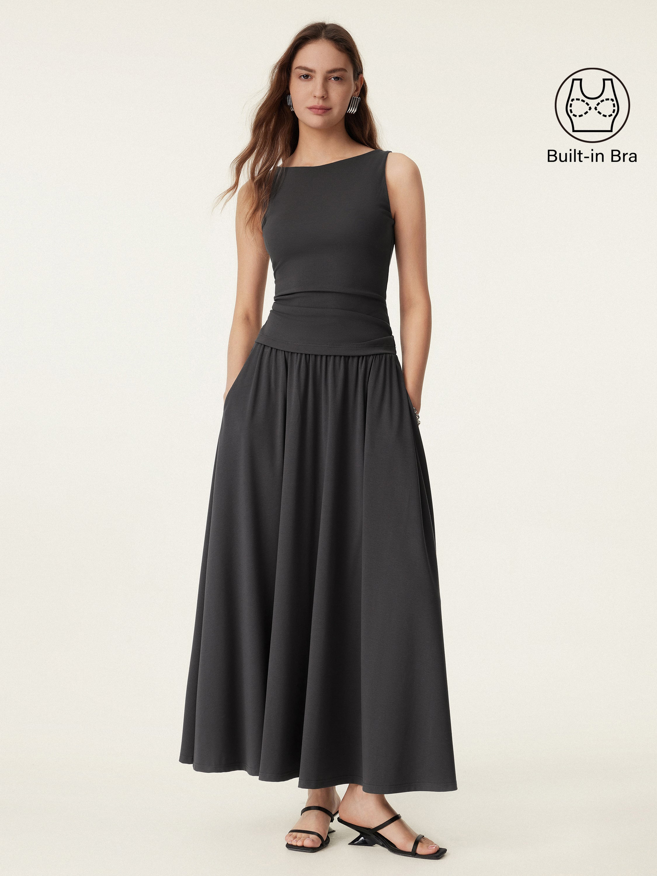 2Pcs Set Stretch Cotton Boatneck Bra Tank & Maxi Umbrella Skirt with Pockets - Image 22