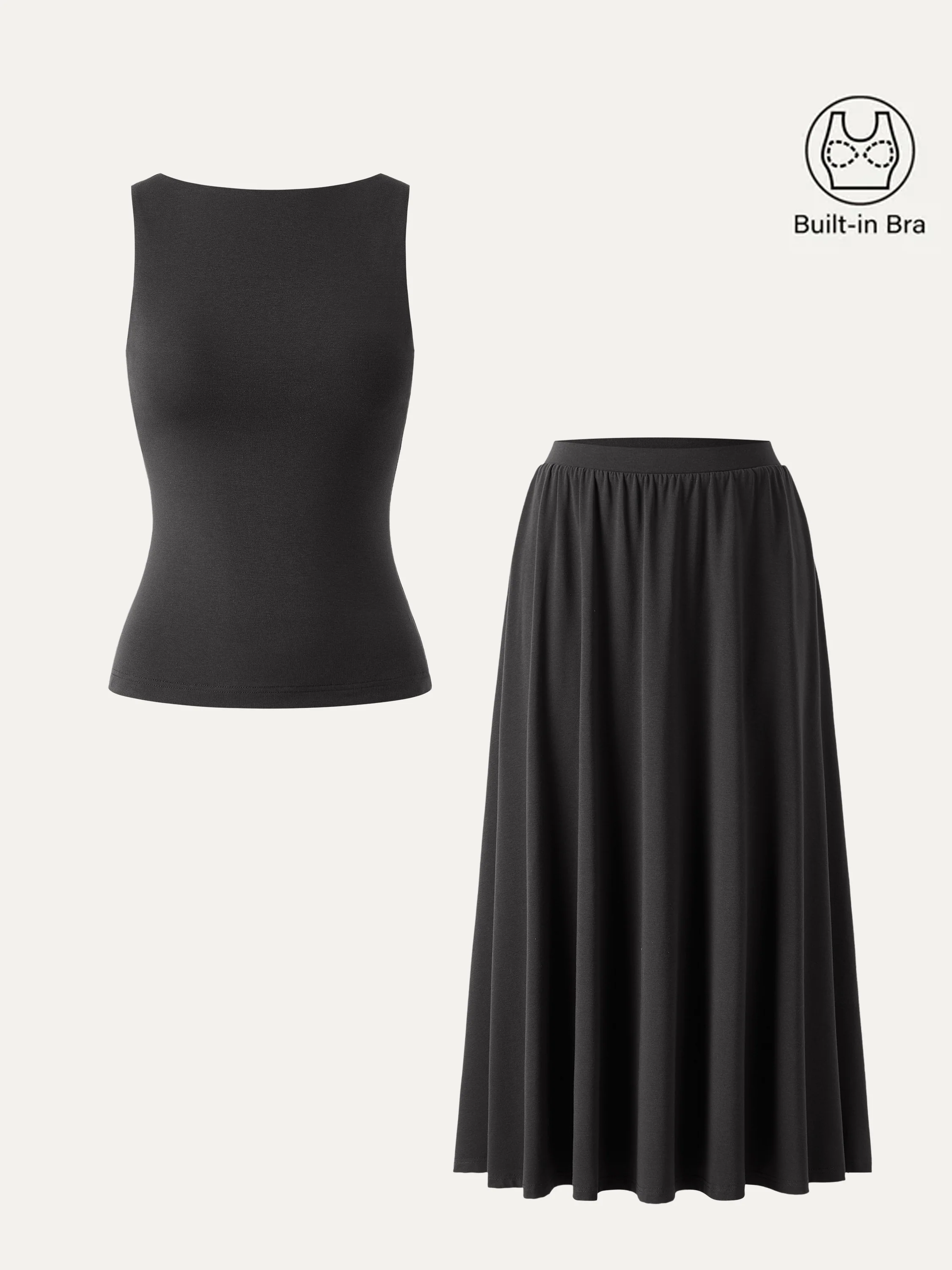 2Pcs Set Stretch Cotton Boatneck Bra Tank & Maxi Umbrella Skirt with Pockets - Image 23