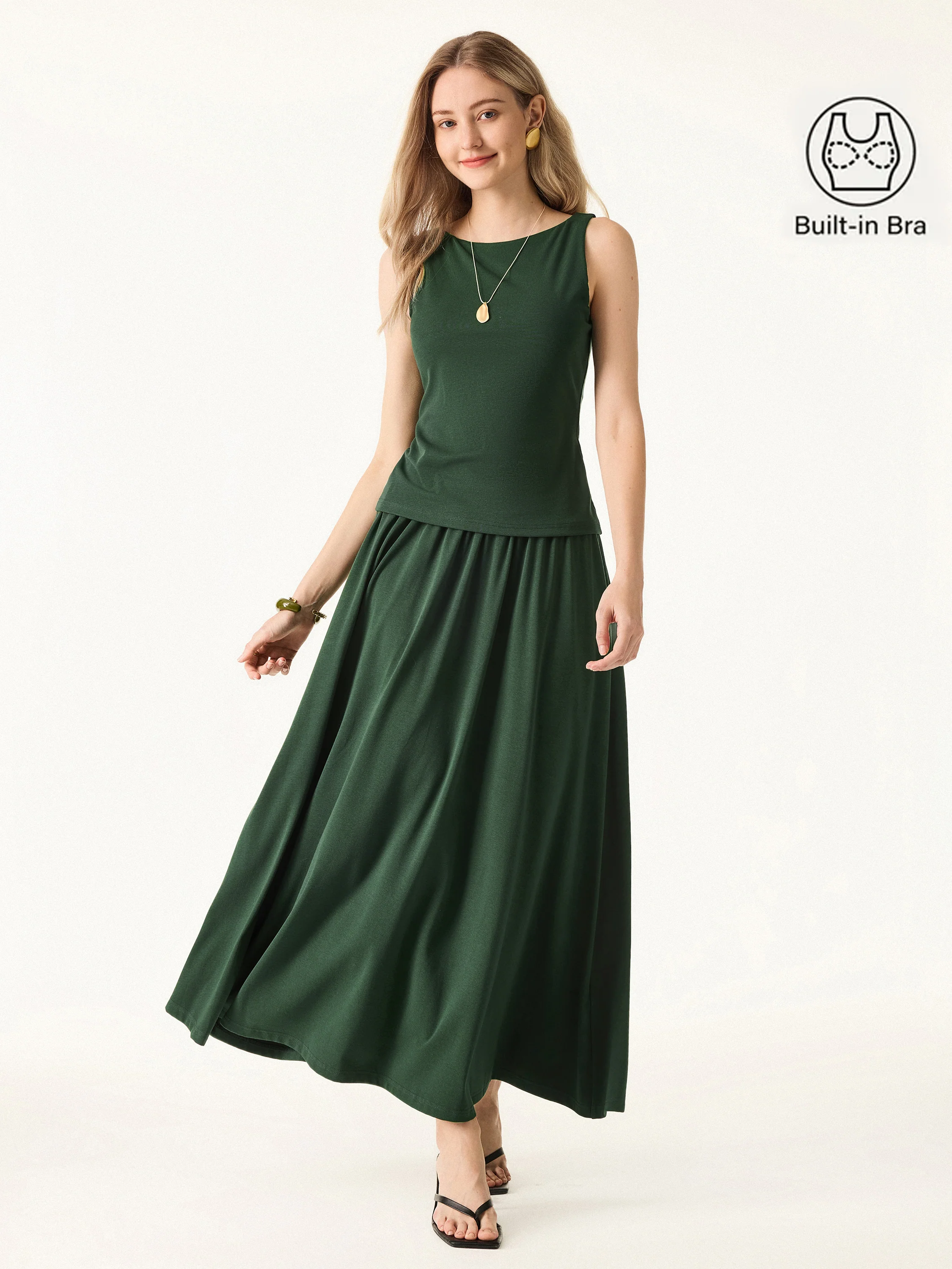 2Pcs Set Stretch Cotton Boatneck Bra Tank & Maxi Umbrella Skirt with Pockets - Image 3