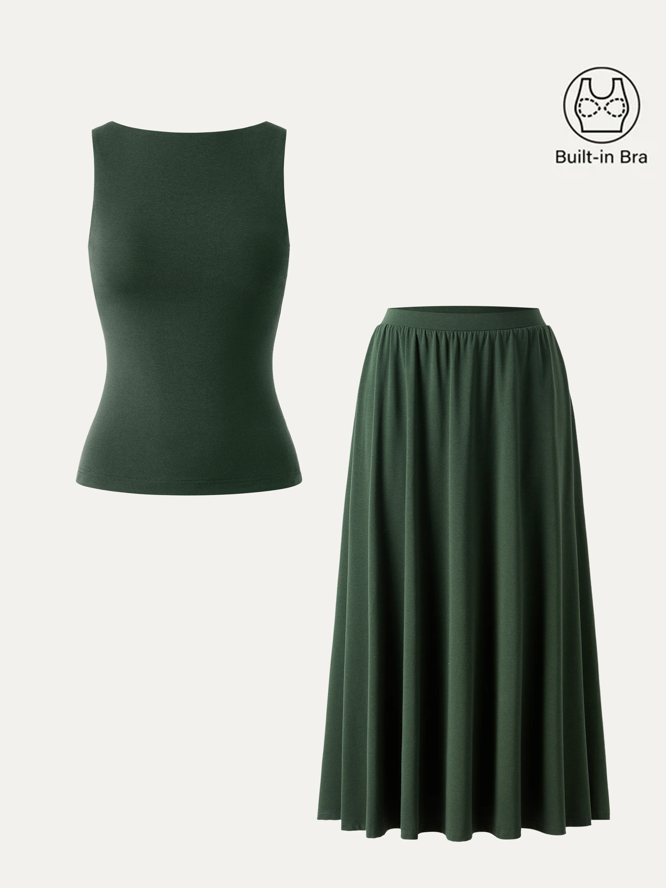 2Pcs Set Stretch Cotton Boatneck Bra Tank & Maxi Umbrella Skirt with Pockets - Image 5