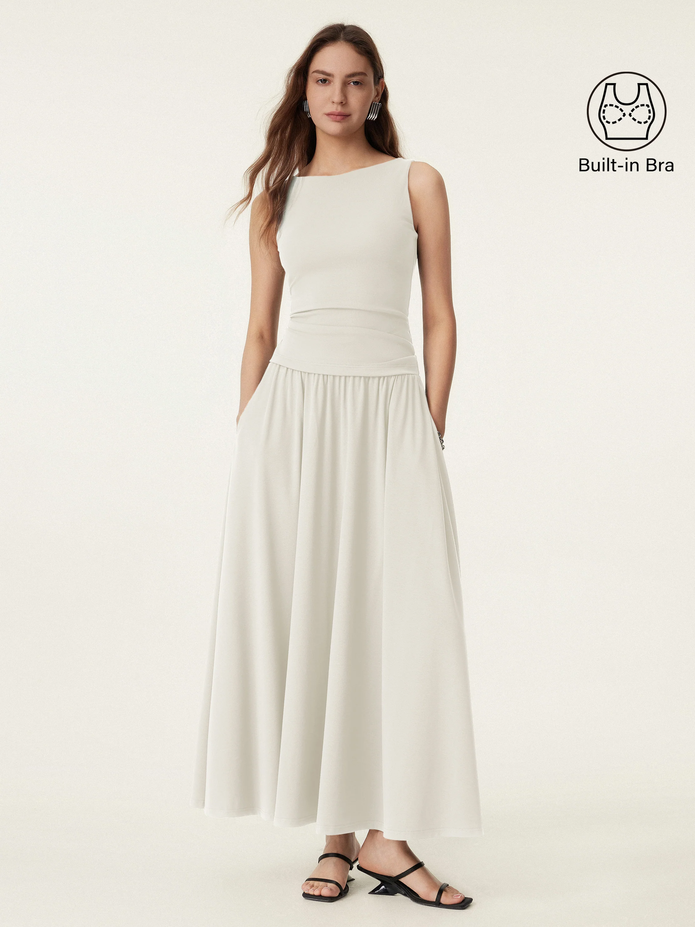 2Pcs Set Stretch Cotton Boatneck Bra Tank & Maxi Umbrella Skirt with Pockets - Image 9