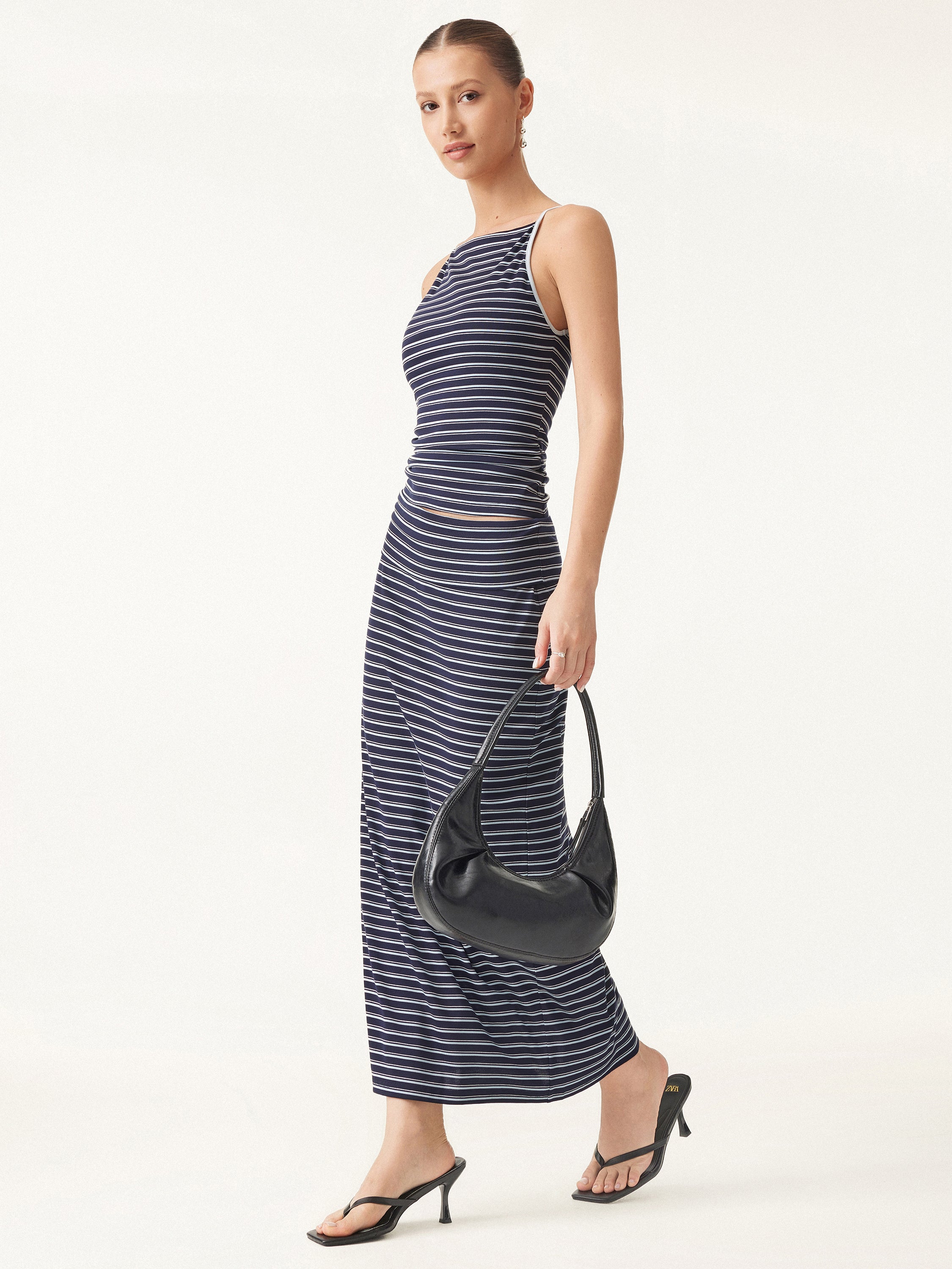 2Pcs Set Striped Spaghetti Bra Top & Low Rise Striped Midi Skirt - Image 6