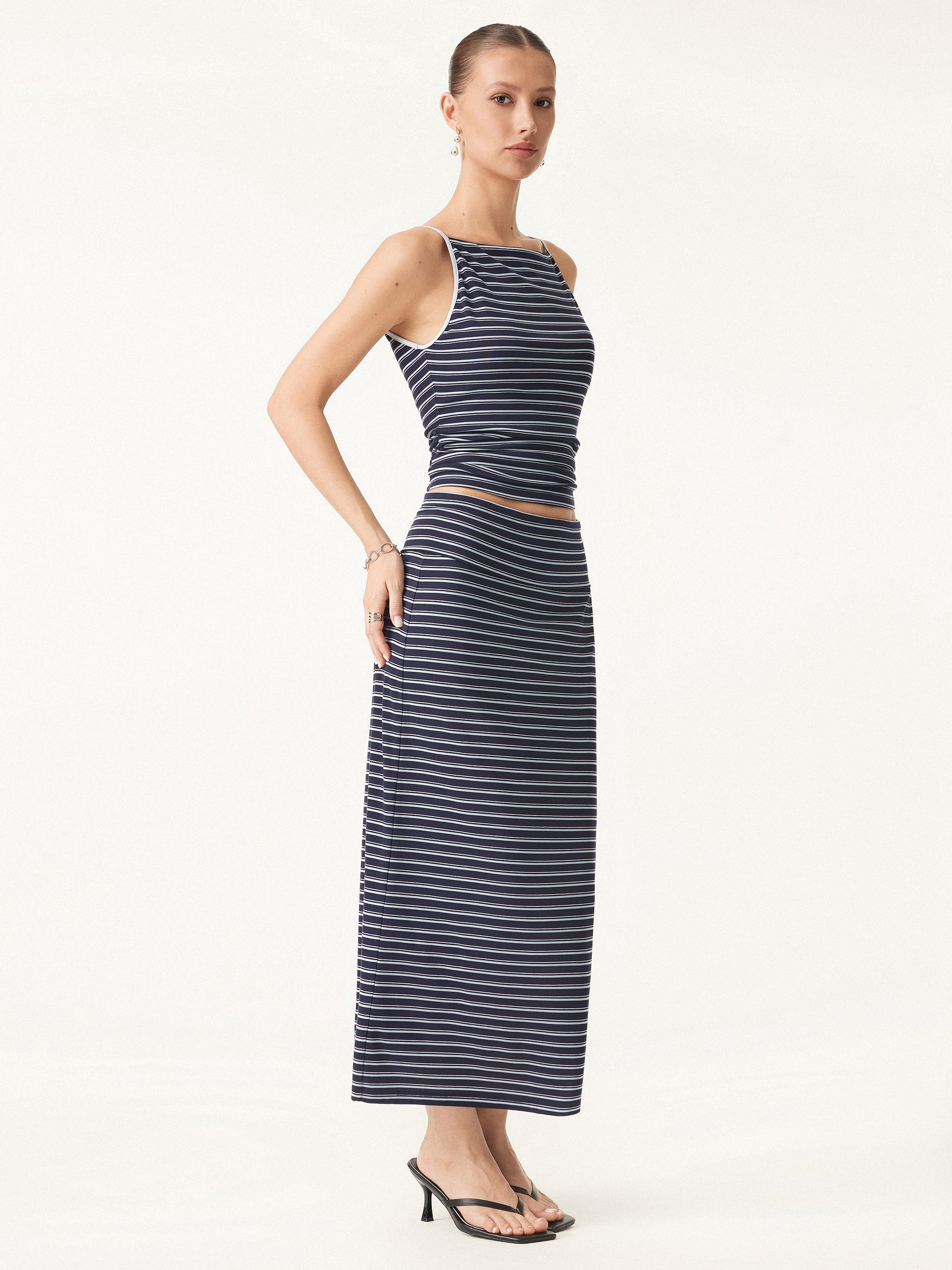 2Pcs Set Striped Spaghetti Bra Top & Low Rise Striped Midi Skirt - Image 7