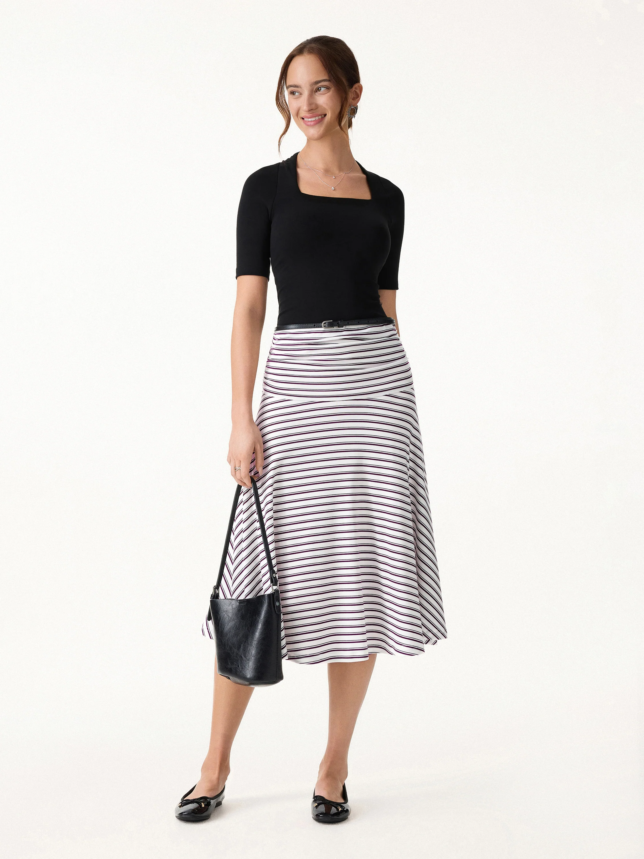 Flowy Striped Circle Flare Ruched Midi Skirt - Image 2