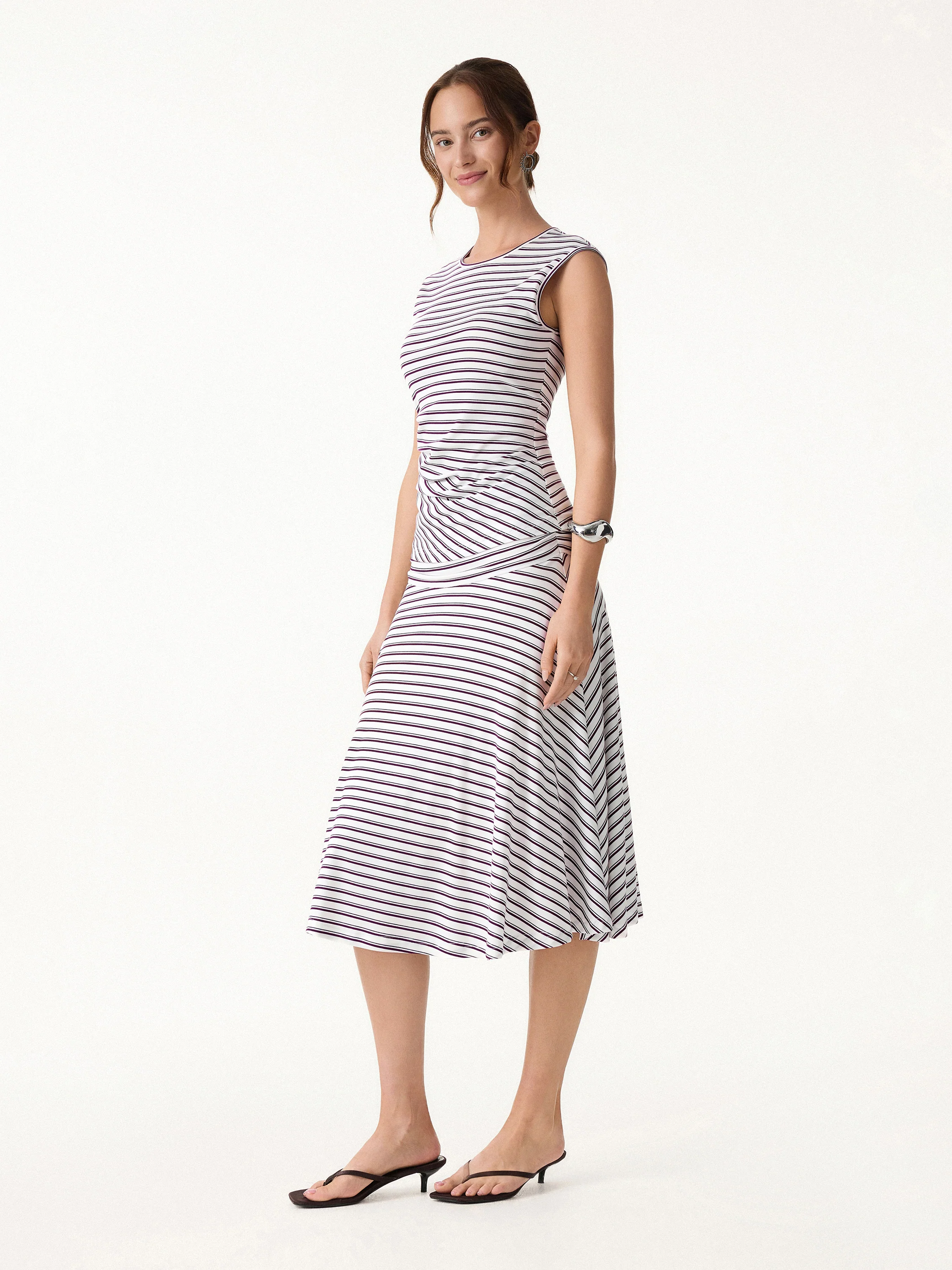 2Pcs Set Striped Tucked Sleeveless Bra Top & Circle Flare Ruched Midi Skirt - Image 2