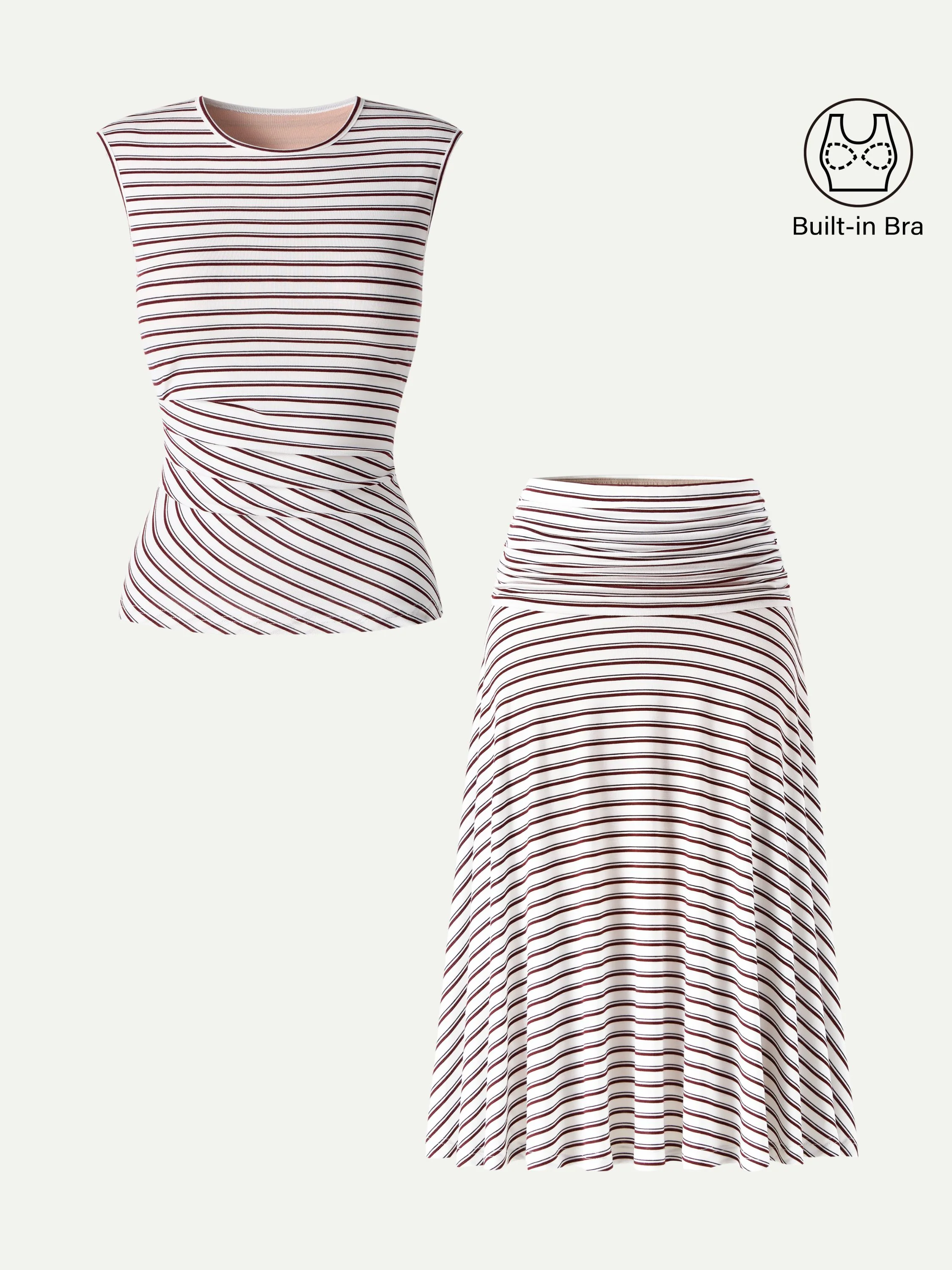 2Pcs Set Striped Tucked Sleeveless Bra Top & Circle Flare Ruched Midi Skirt - Image 4