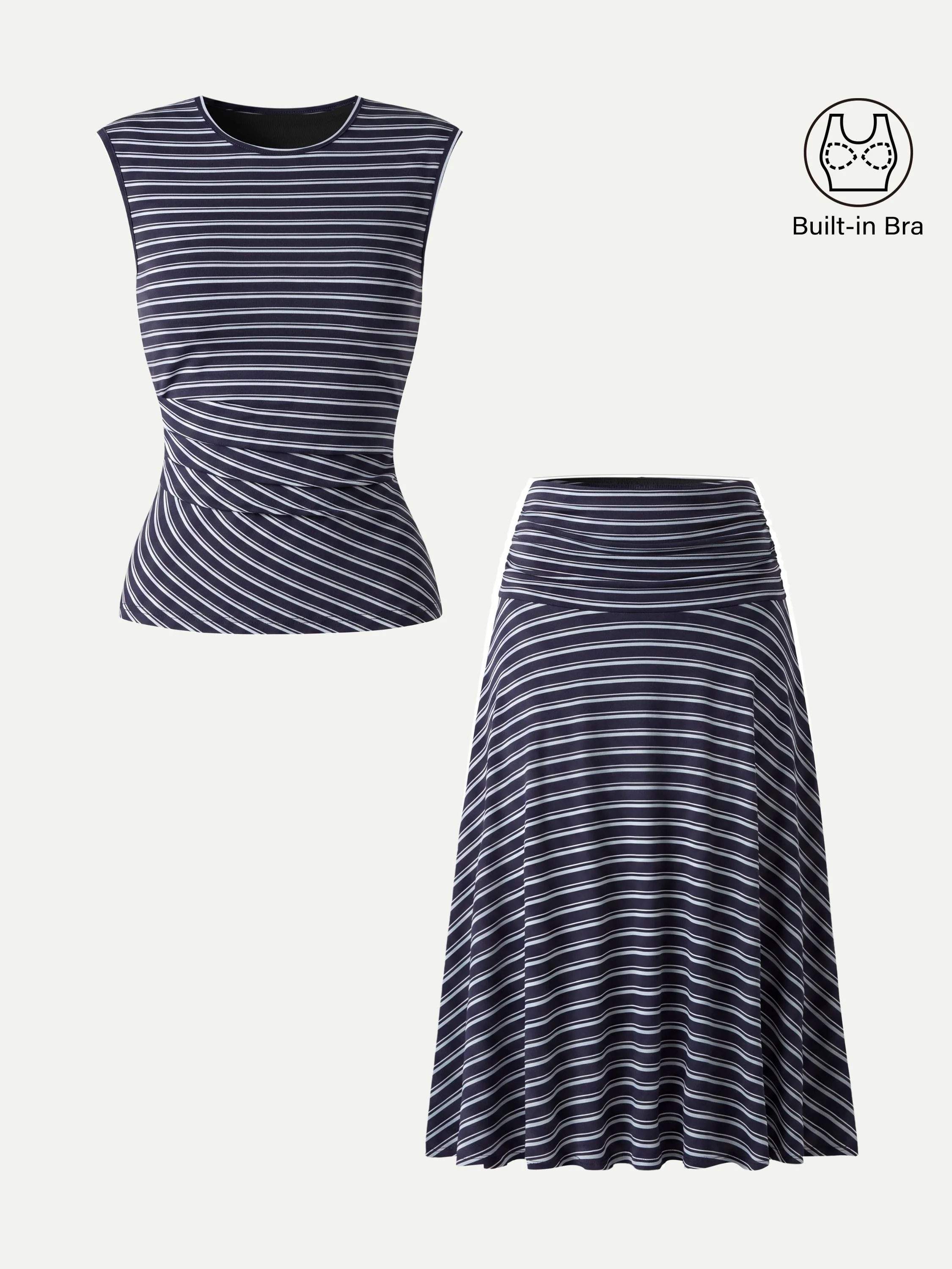 2Pcs Set Striped Tucked Sleeveless Bra Top & Circle Flare Ruched Midi Skirt - Image 5