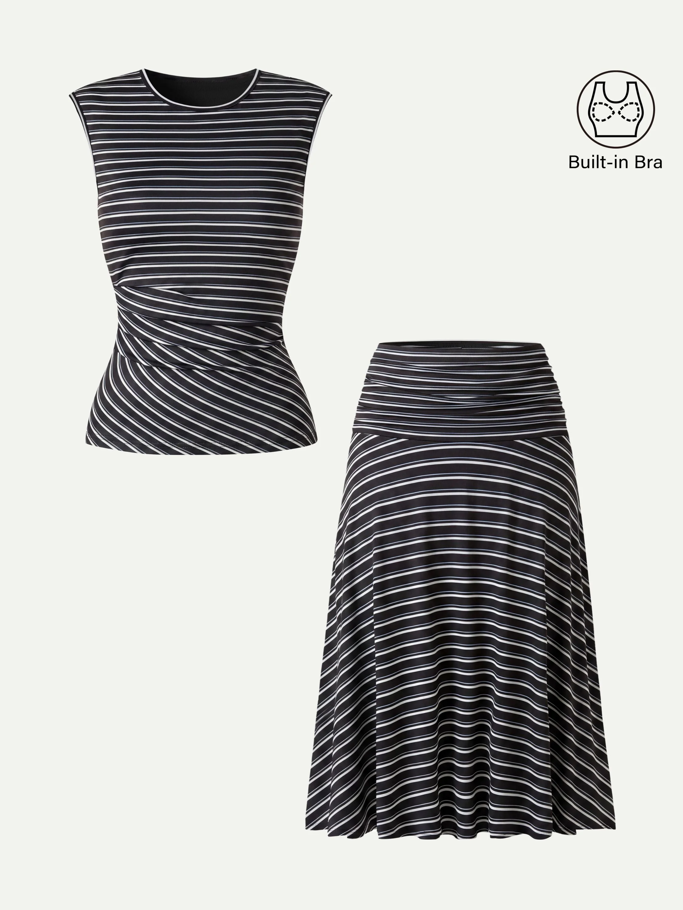 2Pcs Set Striped Tucked Sleeveless Bra Top & Circle Flare Ruched Midi Skirt - Image 6