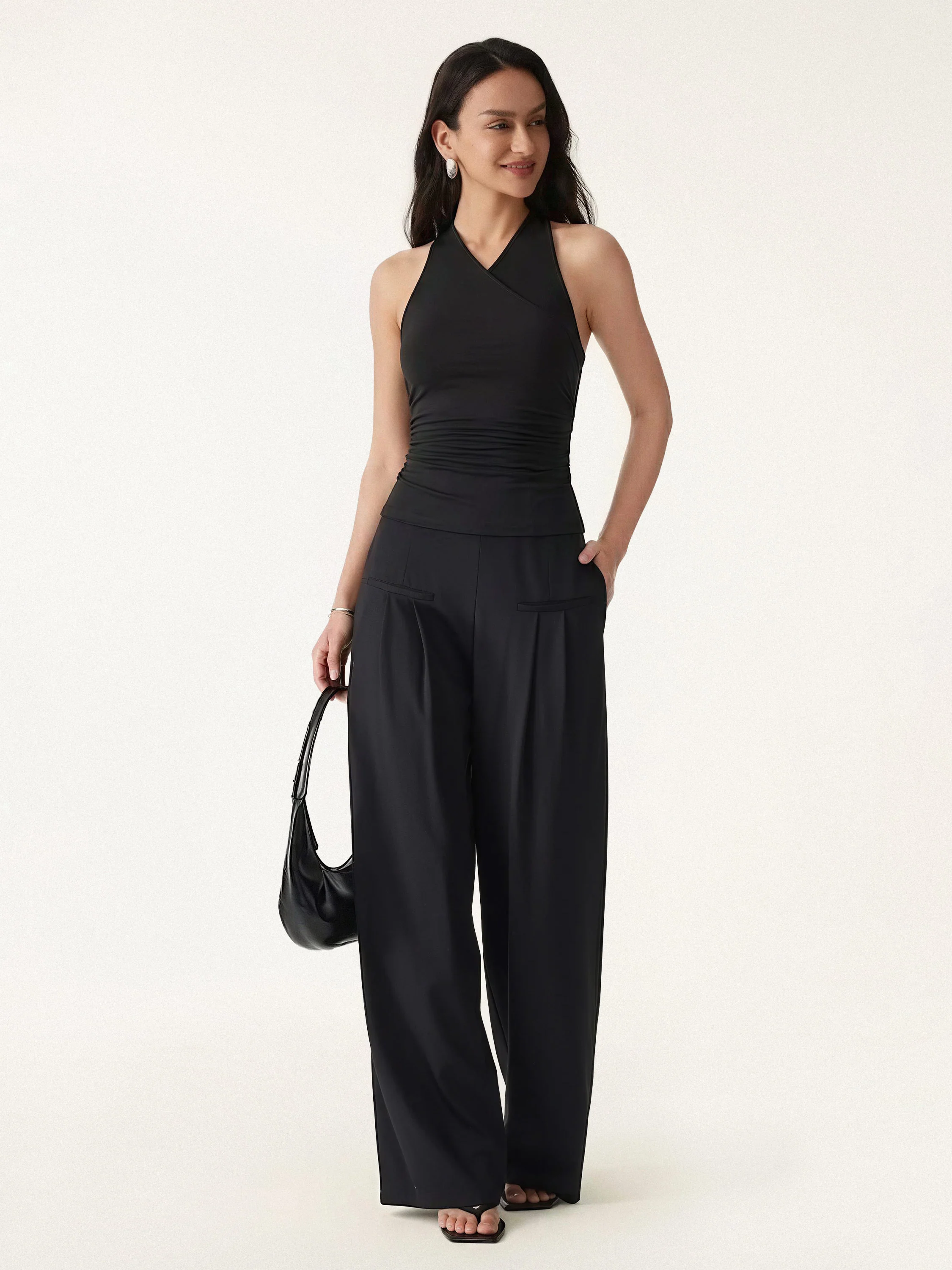2Pcs Set Surplice Sleeveless Top & Mid Rise Wide Leg Trouser