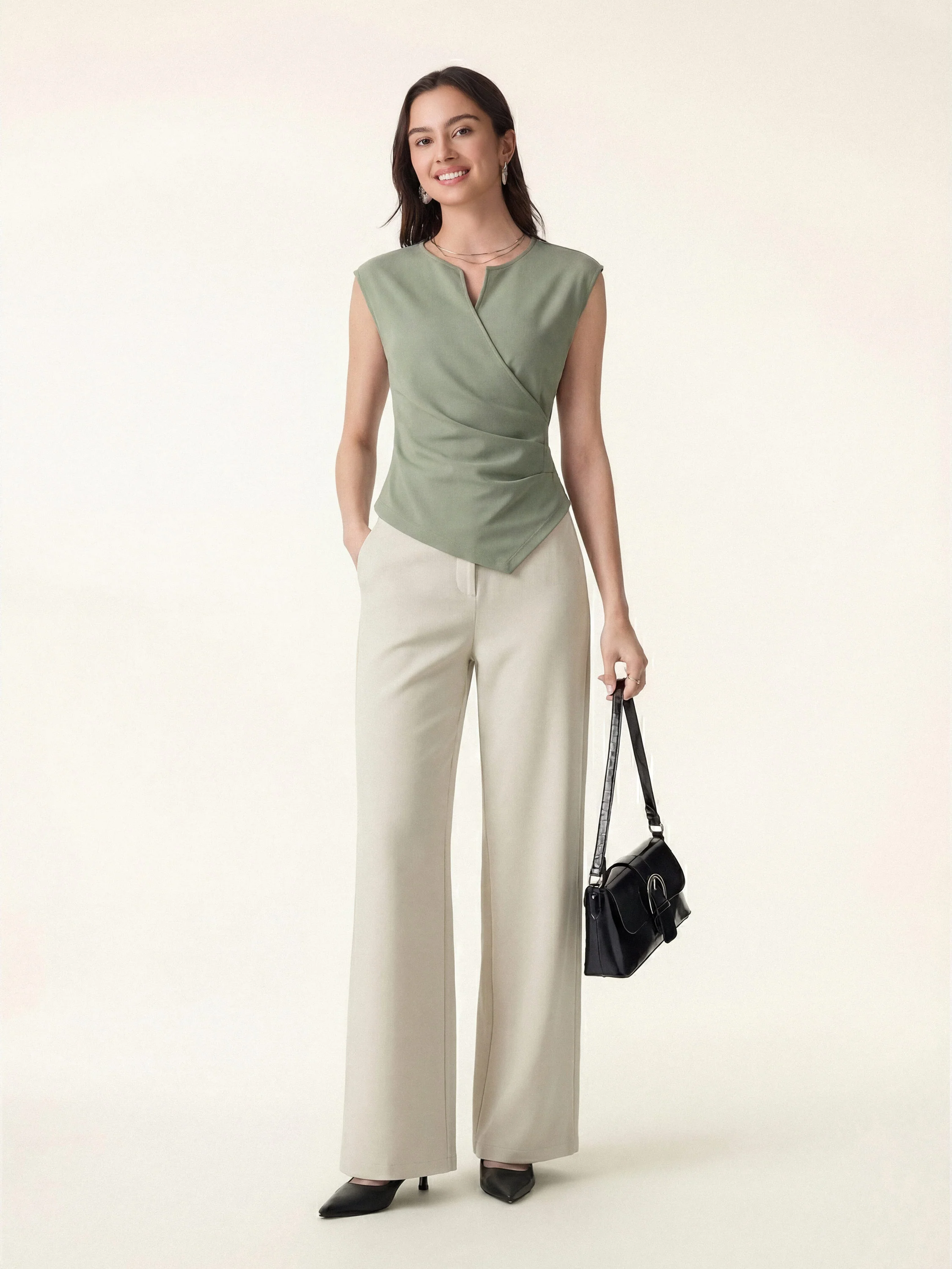 2Pcs Set Tucked Angled Tank & Mid Rise Wide Leg Trousers