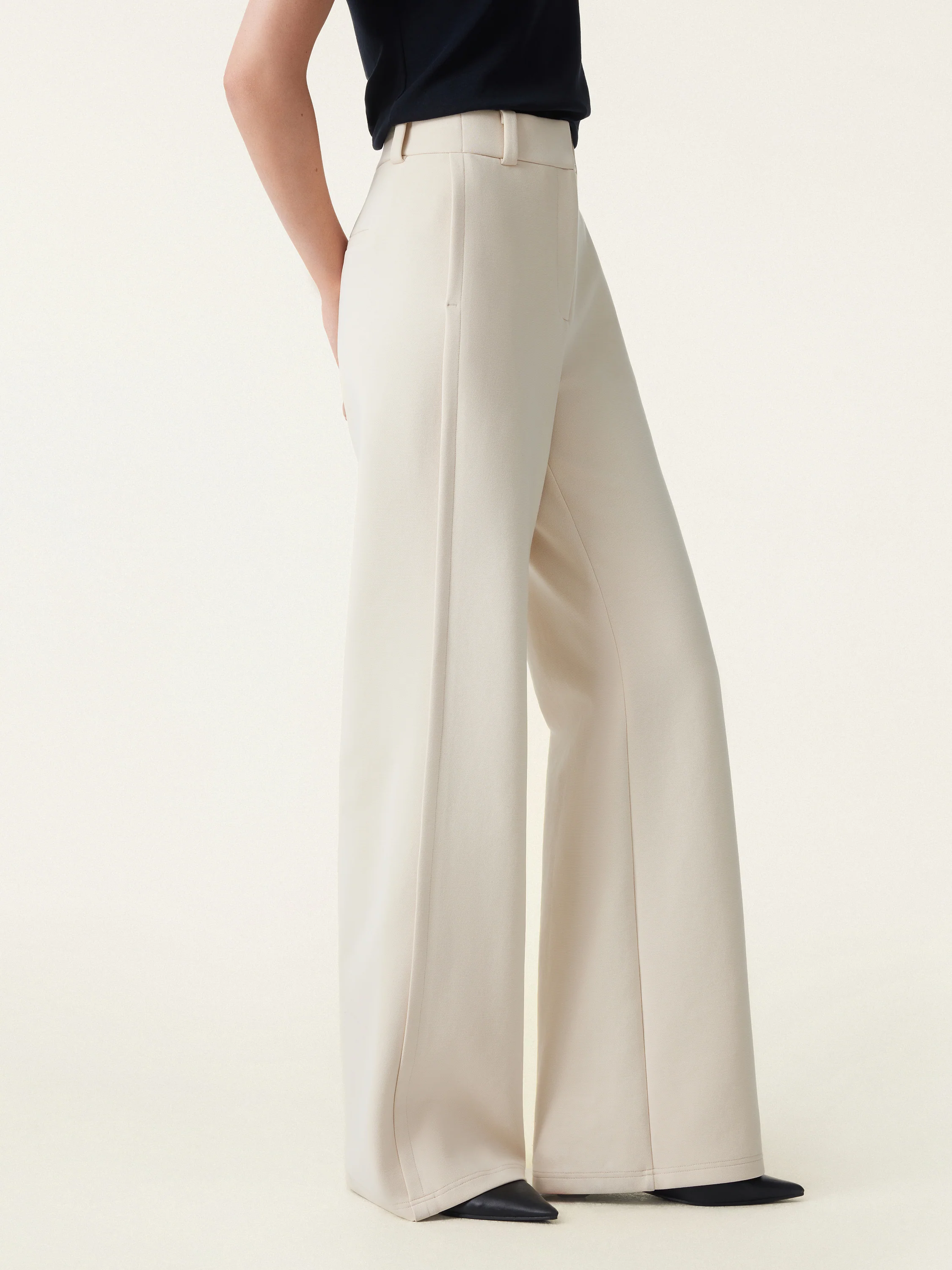 Stretchy Mid Rise Fly-Front Wide Leg Trousers