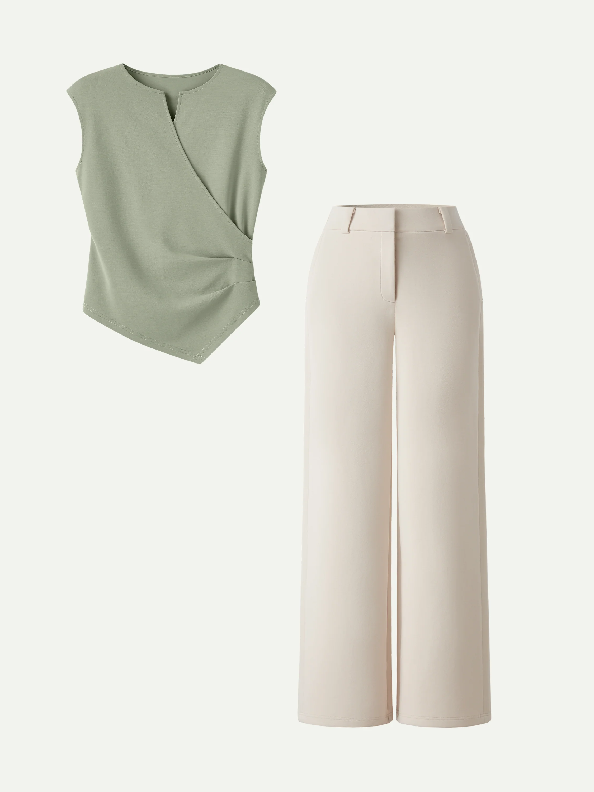 2Pcs Set Tucked Angled Tank & Mid Rise Wide Leg Trousers - Image 2