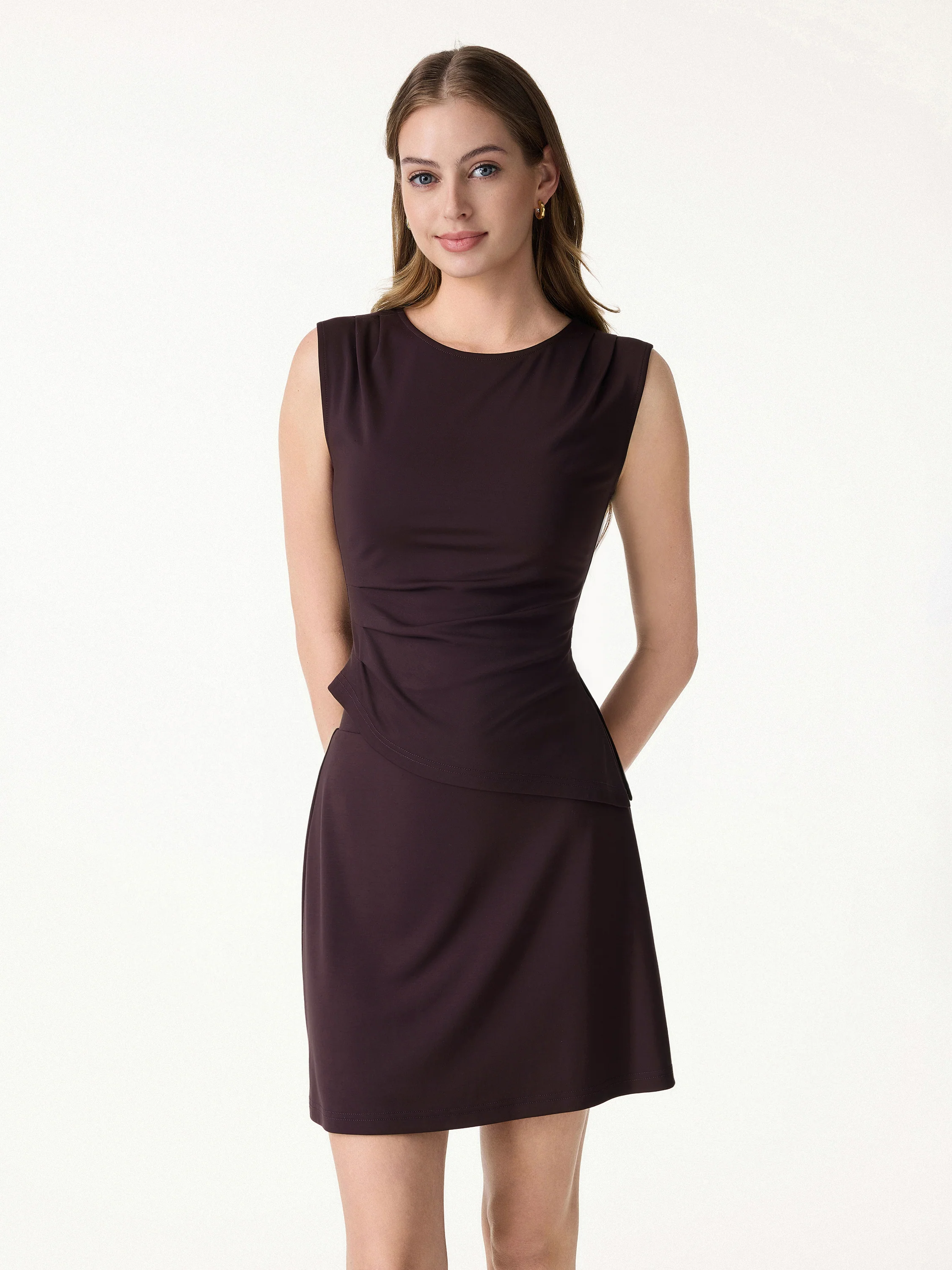 2Pcs Set Tucked Asymmetrical Hem Top & A-Line Pull-On Skirt - Image 2