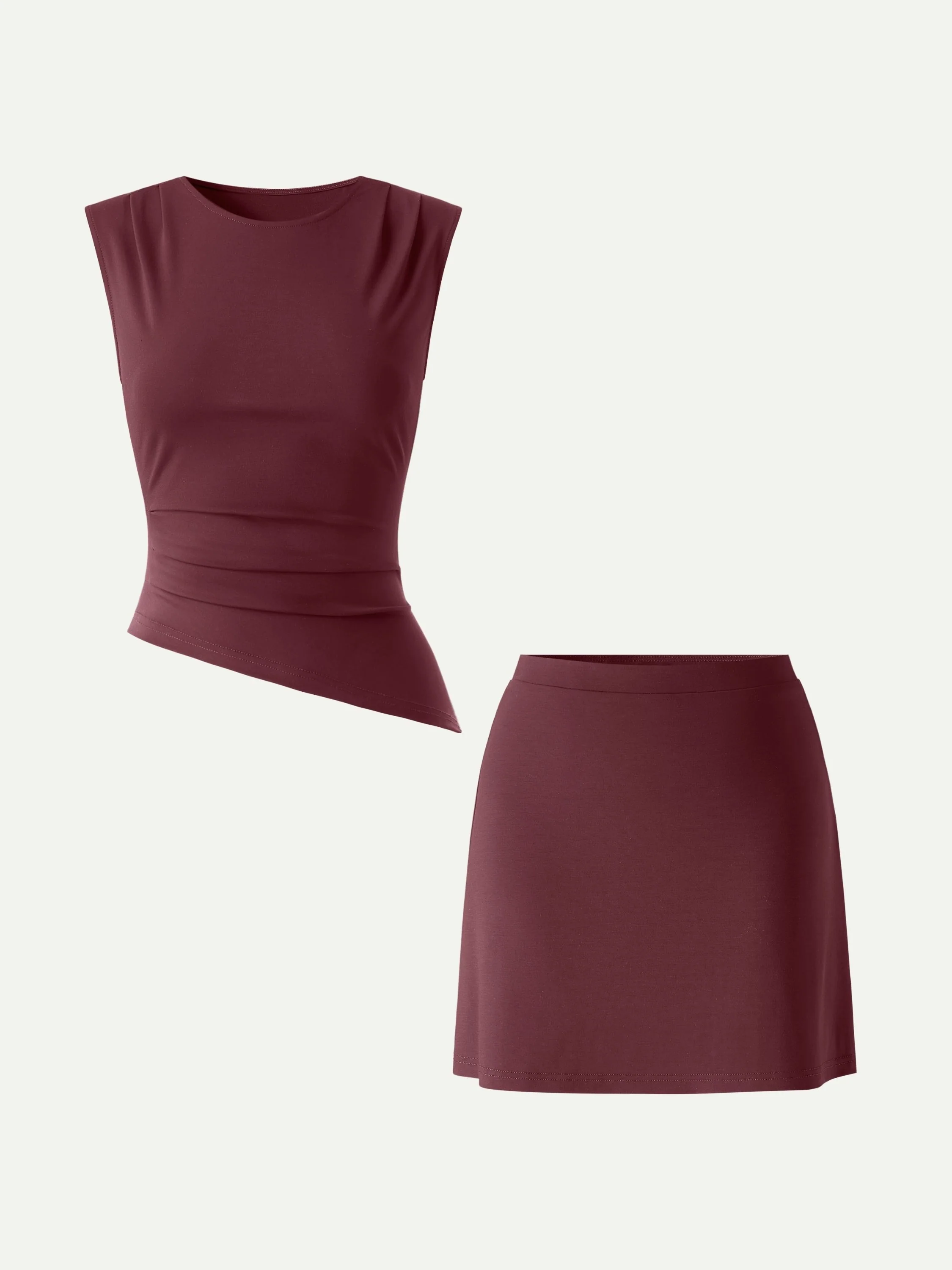 2Pcs Set Tucked Asymmetrical Hem Top & A-Line Pull-On Skirt - Image 7