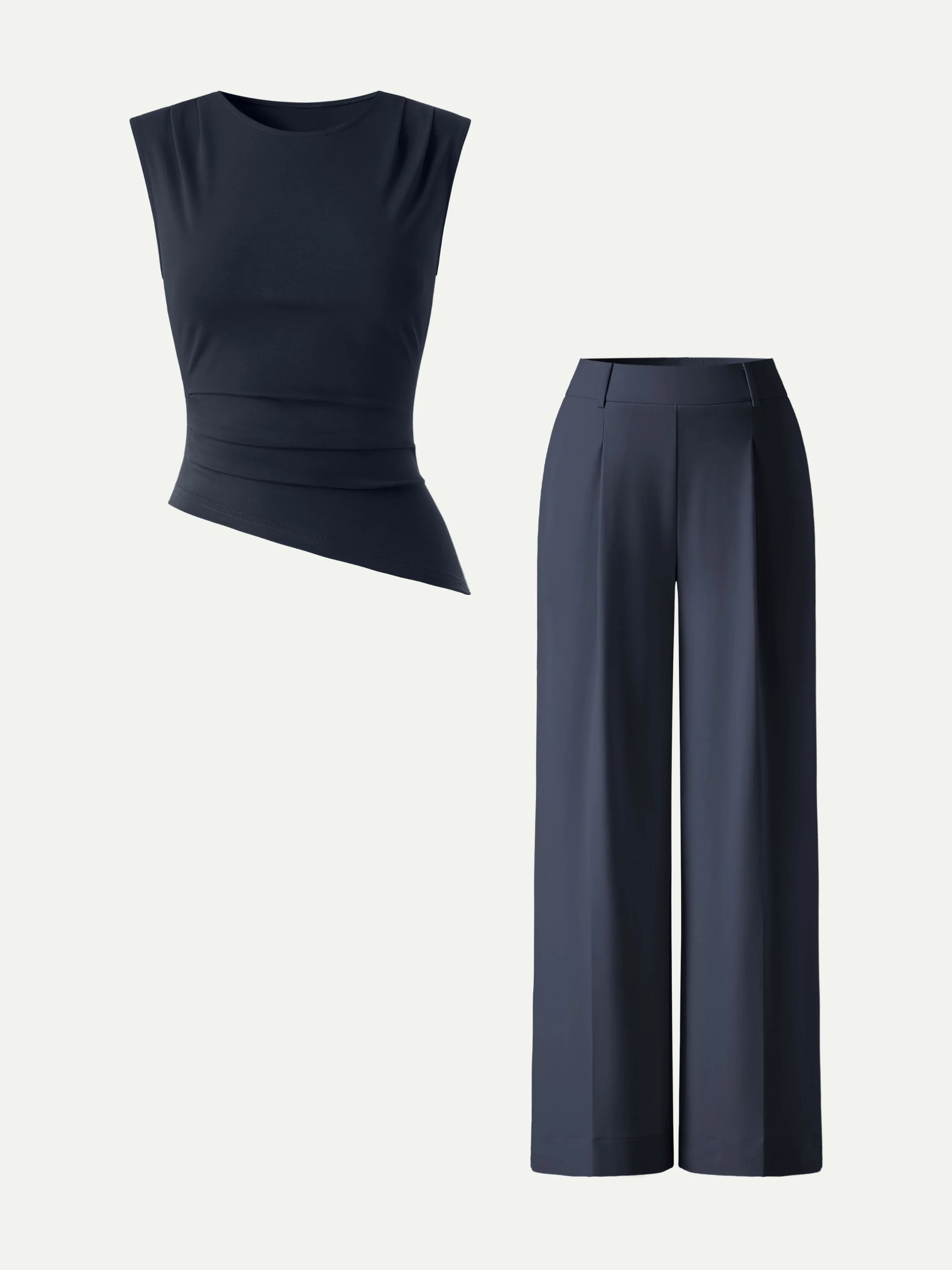 2Pcs Set Tucked Asymmetrical Hem Top & High Rise Wide Leg Pants - Image 11