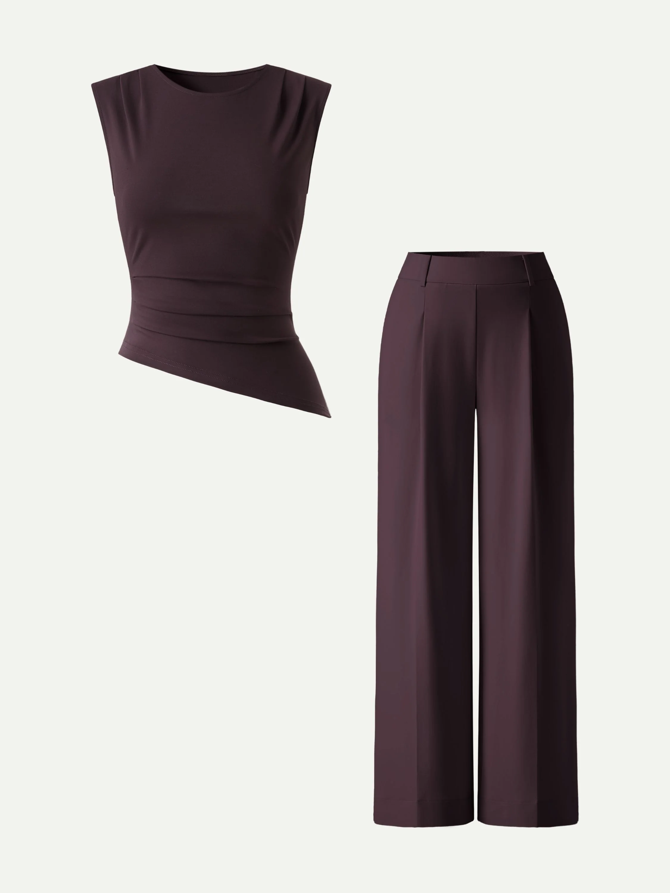 2Pcs Set Tucked Asymmetrical Hem Top & High Rise Wide Leg Pants - Image 2