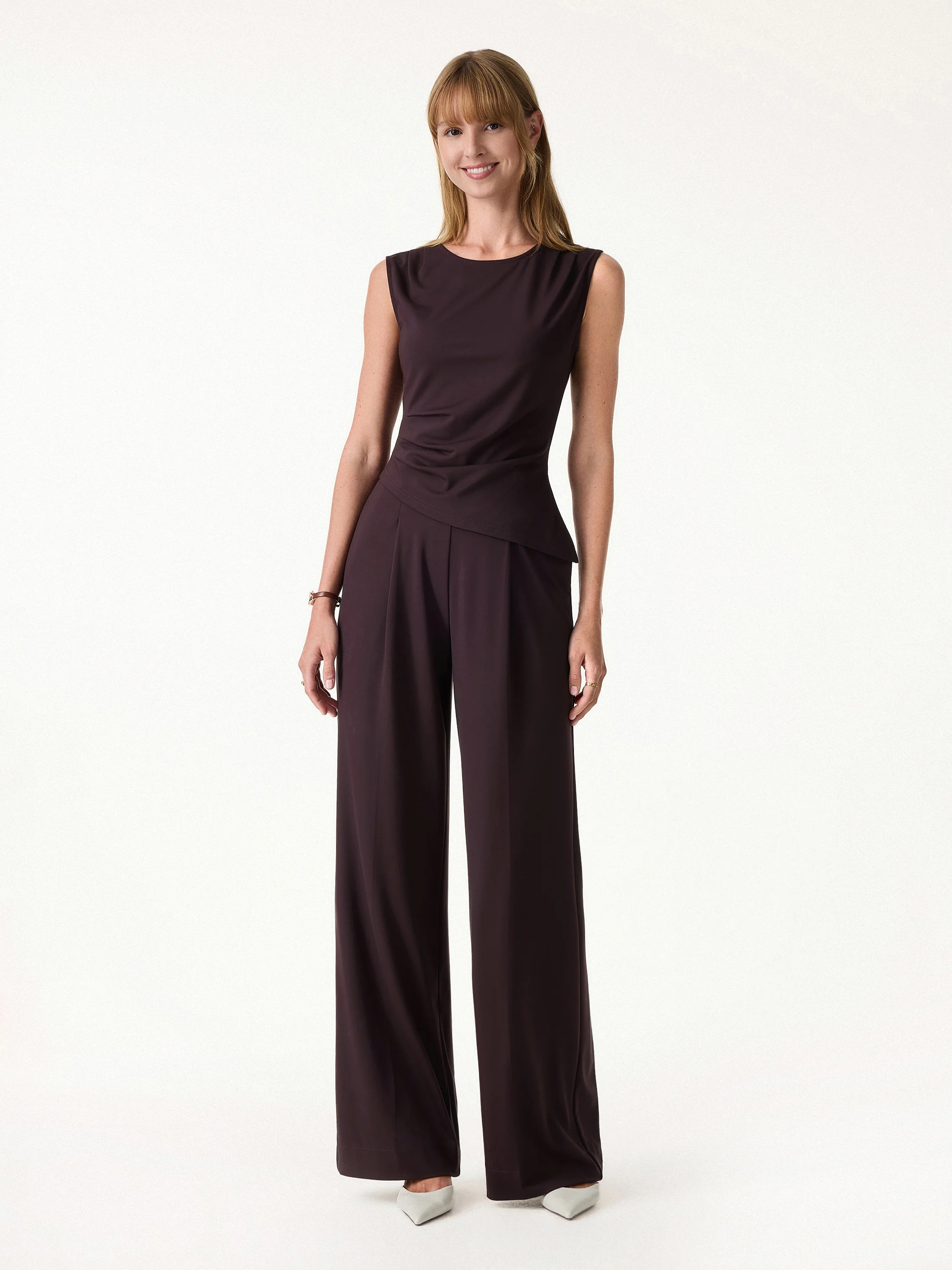 2Pcs Set Tucked Asymmetrical Hem Top & High Rise Wide Leg Pants - Image 3