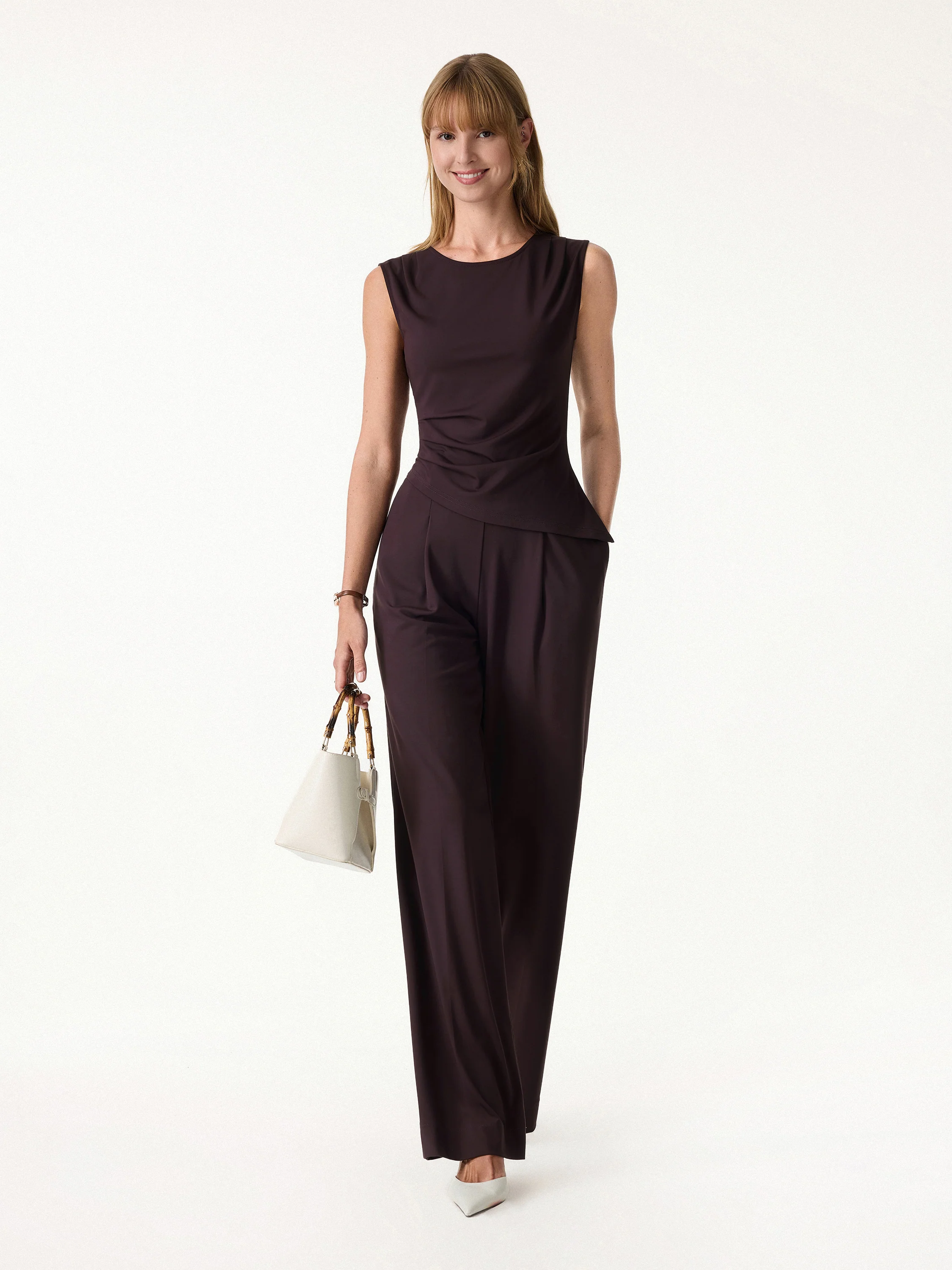 2Pcs Set Tucked Asymmetrical Hem Top & High Rise Wide Leg Pants - Image 4