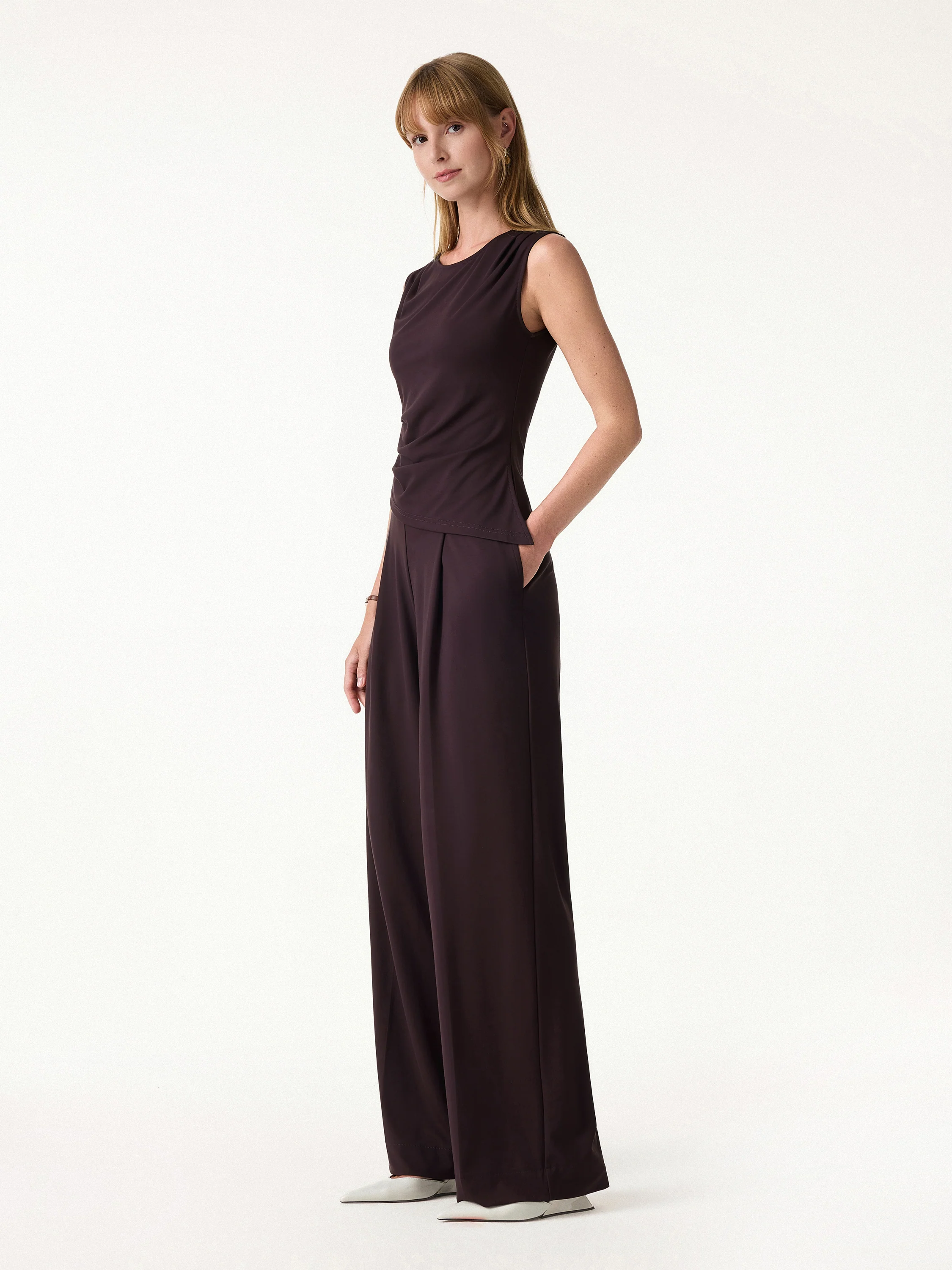 2Pcs Set Tucked Asymmetrical Hem Top & High Rise Wide Leg Pants - Image 5