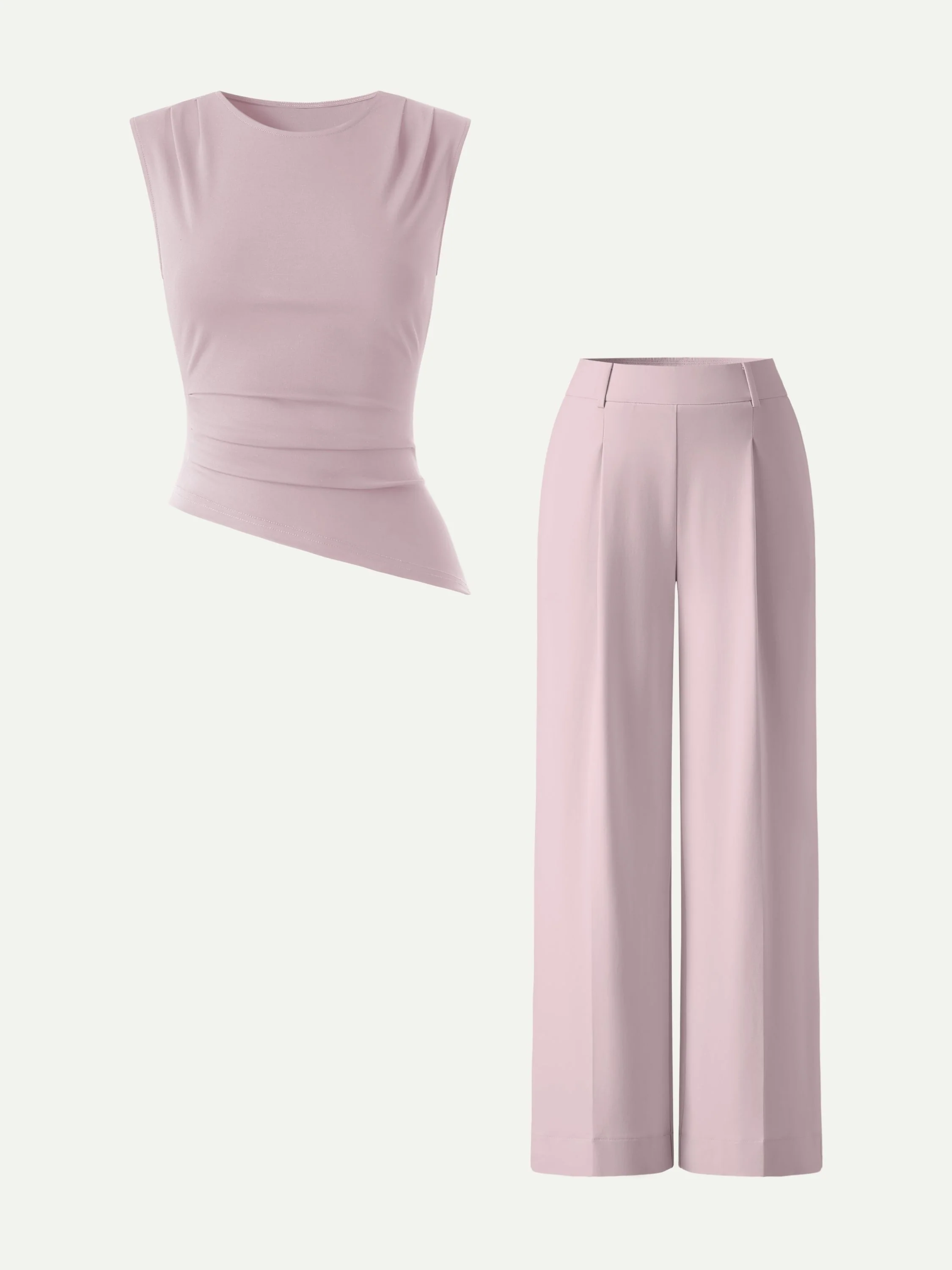 2Pcs Set Tucked Asymmetrical Hem Top & High Rise Wide Leg Pants - Image 8