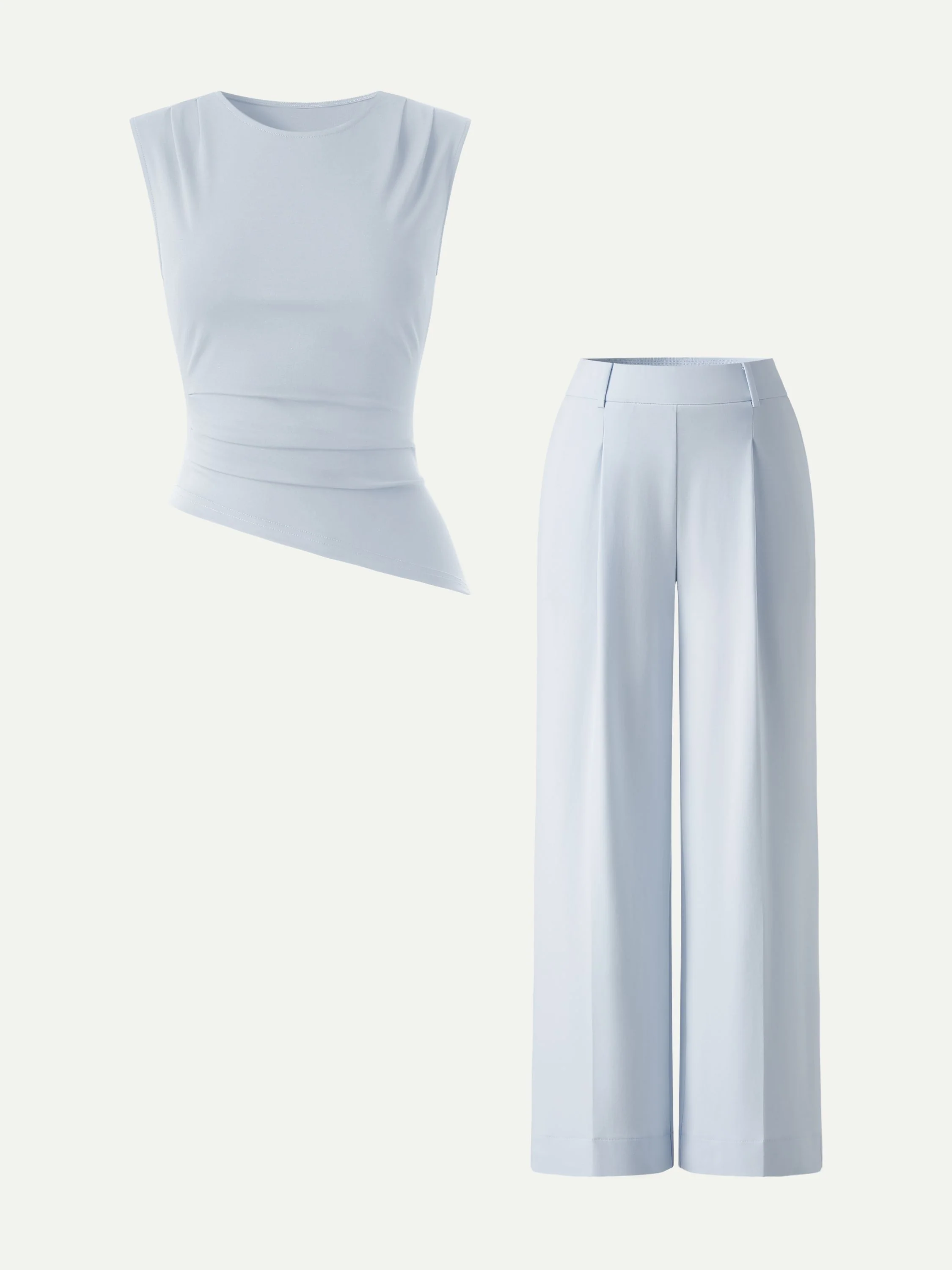 2Pcs Set Tucked Asymmetrical Hem Top & High Rise Wide Leg Pants - Image 9