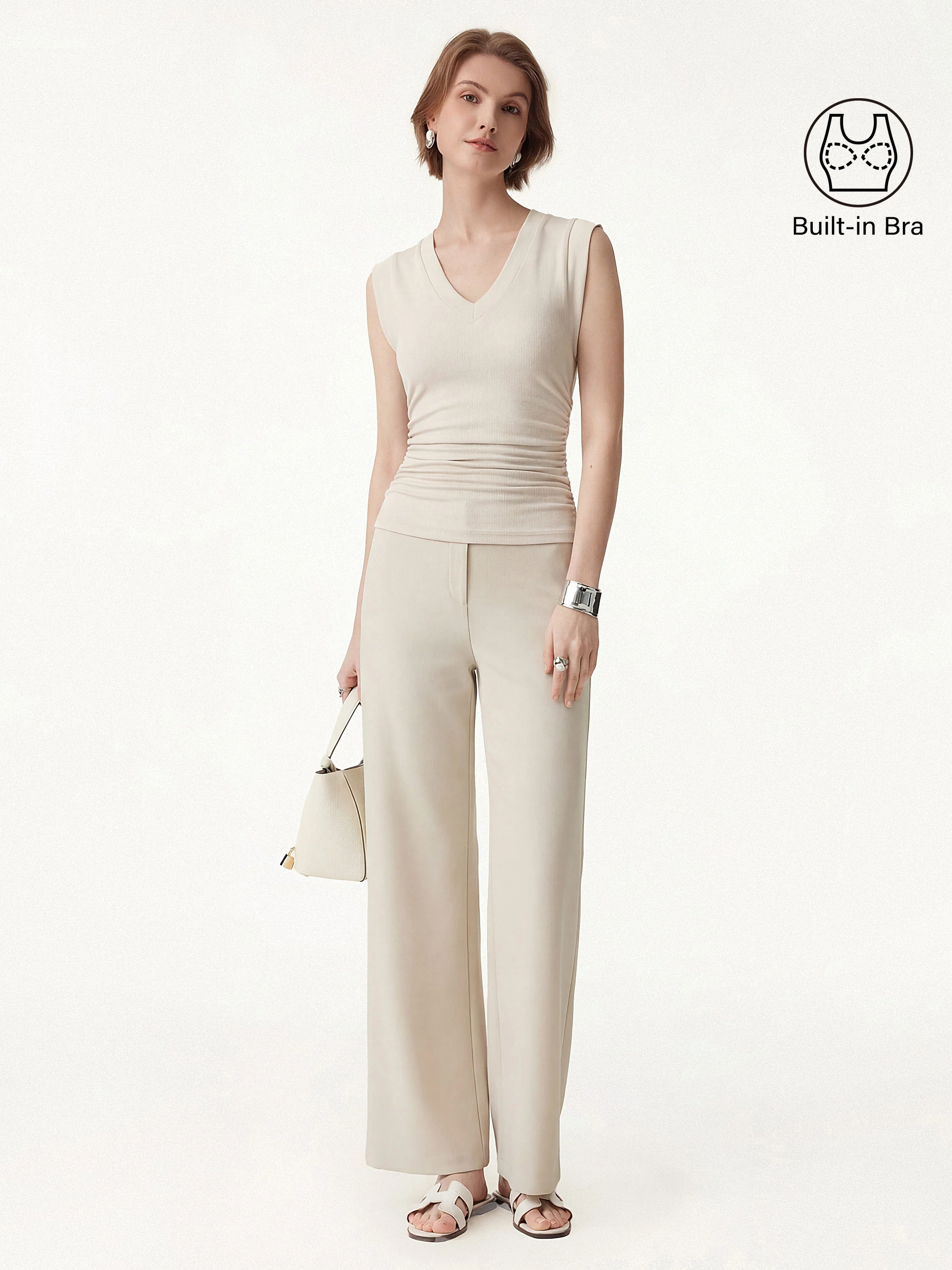 2Pcs Set V-neck Bra Top & Mid Rise Straight Pant with Pockets