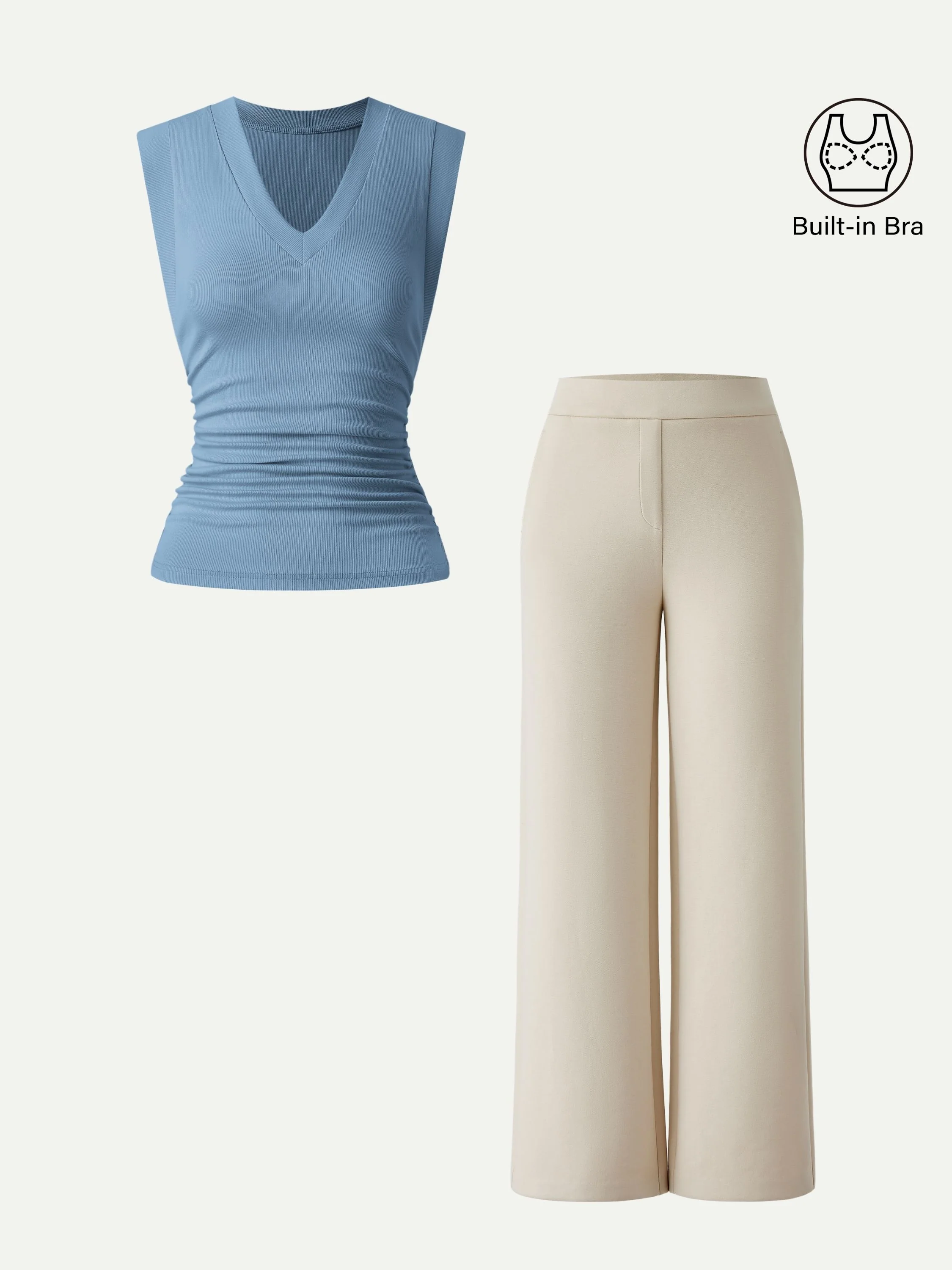 2Pcs Set V-neck Bra Top & Mid Rise Straight Pant with Pockets - Image 7