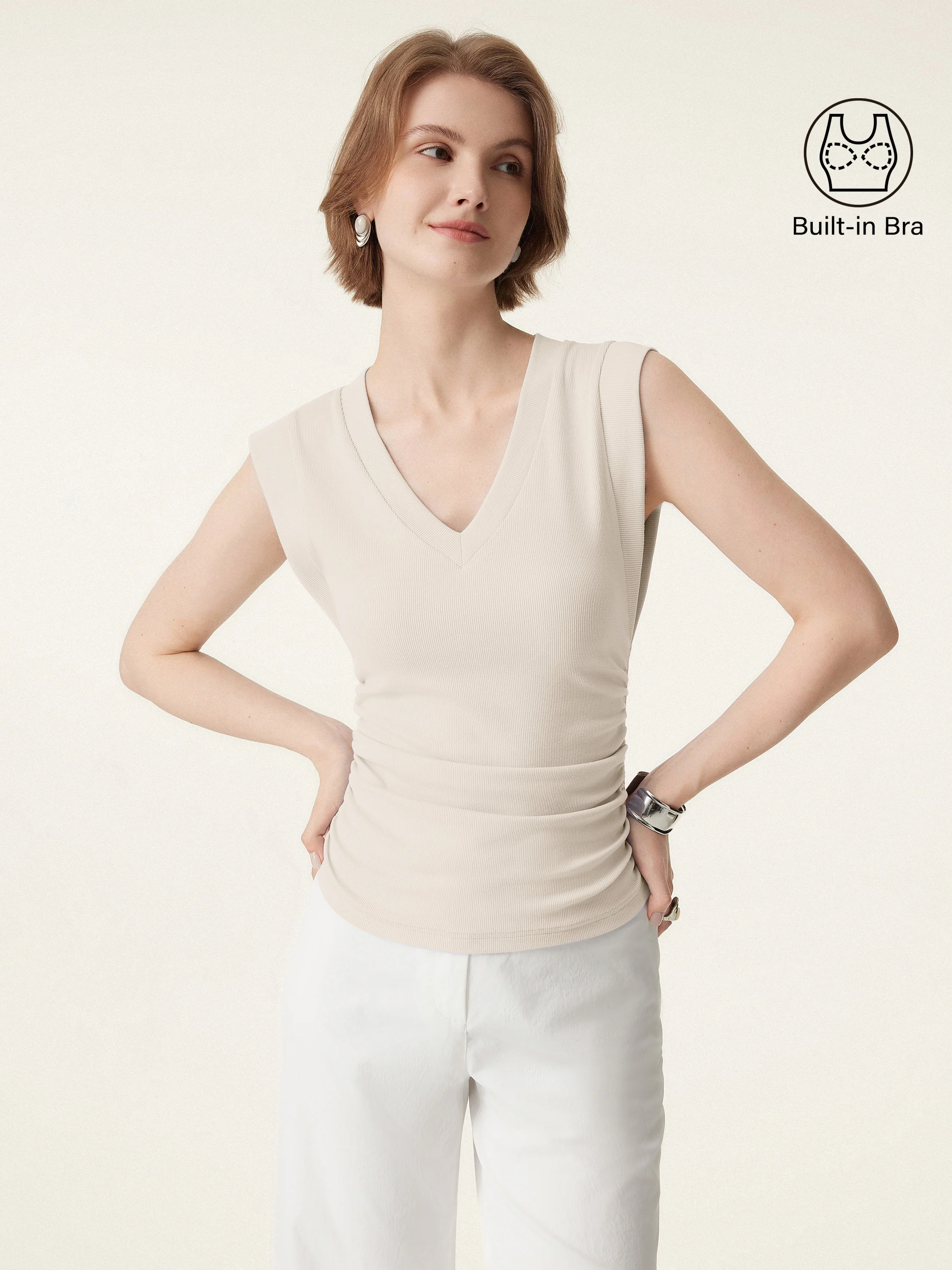 Stretch Cotton V-neck Side Ruched Muscle Bra Top - Image 16