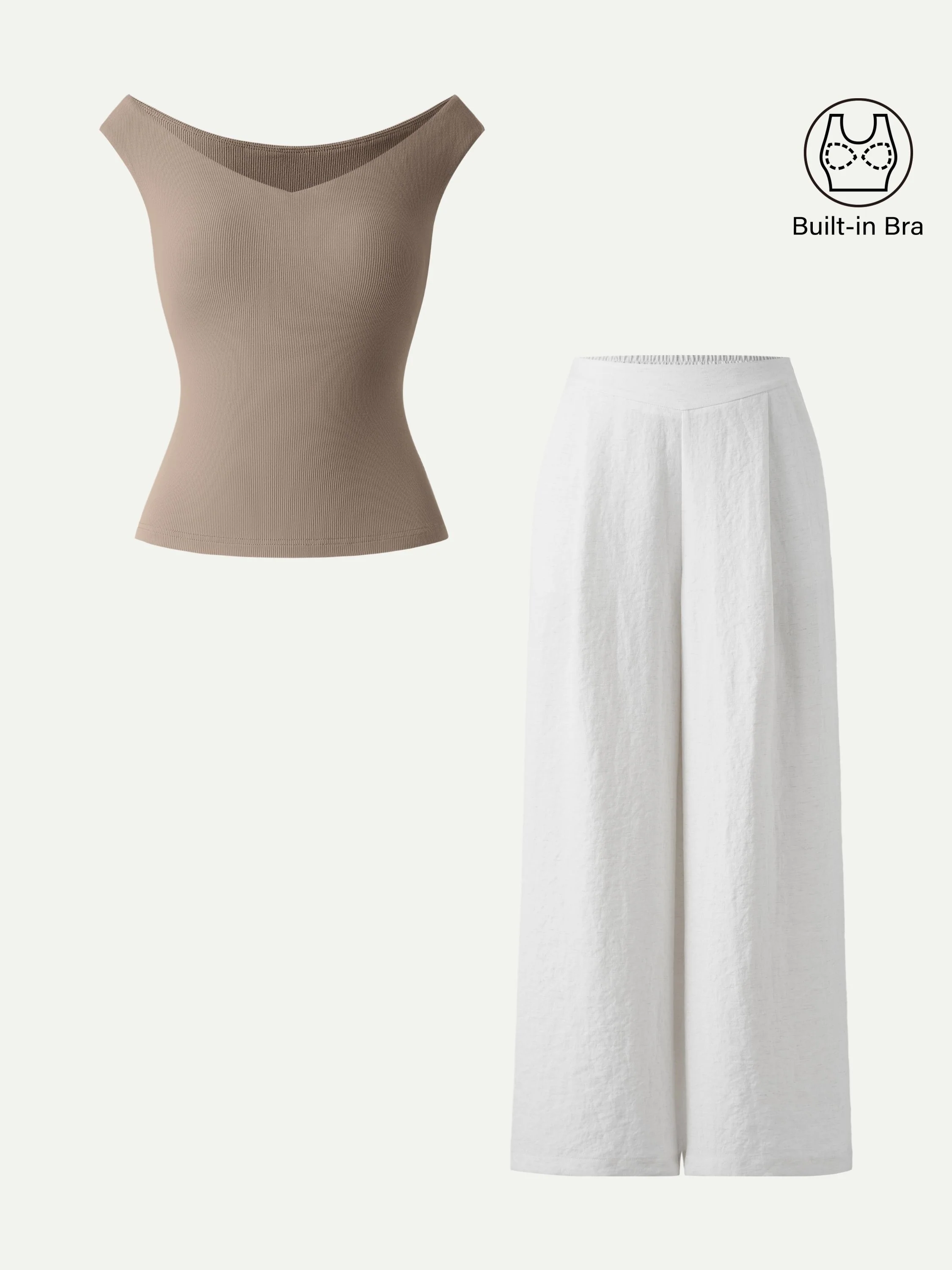 2Pcs Set V-neck Bra Top & Mid Rise Wide Leg Pant with Pockets