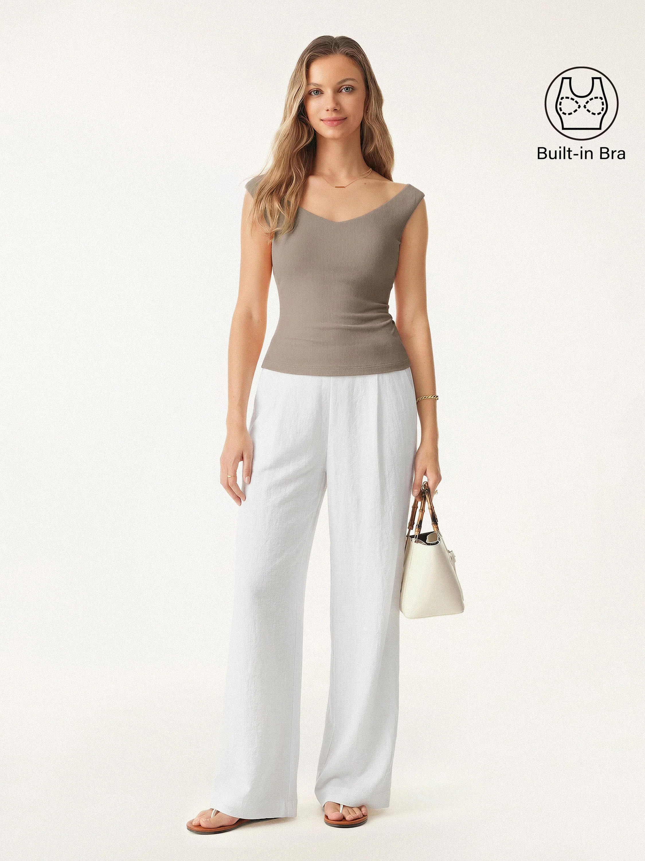 2Pcs Set V-neck Bra Top & Mid Rise Wide Leg Pant with Pockets - Image 2