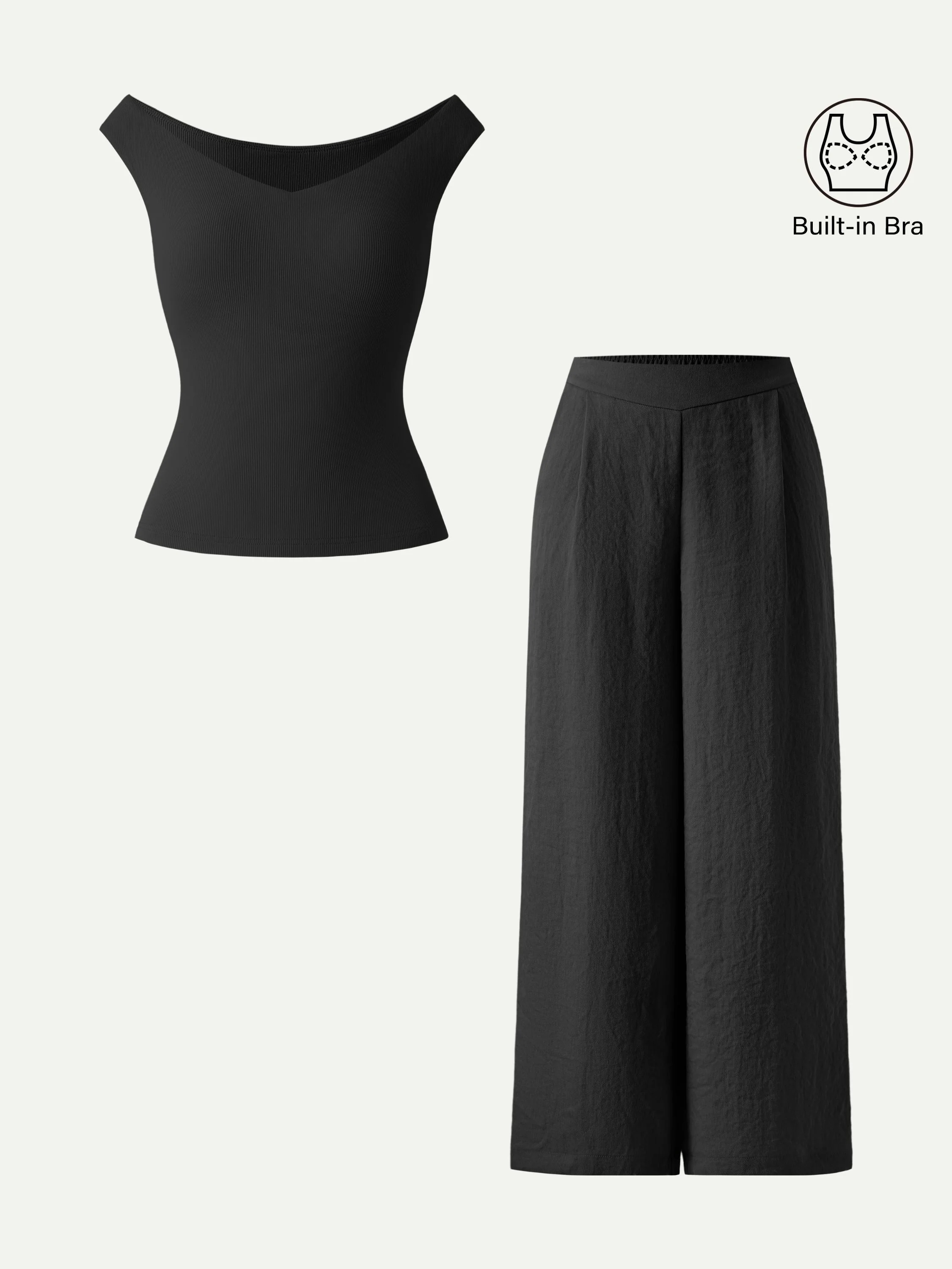2Pcs Set V-neck Bra Top & Mid Rise Wide Leg Pant with Pockets - Image 4